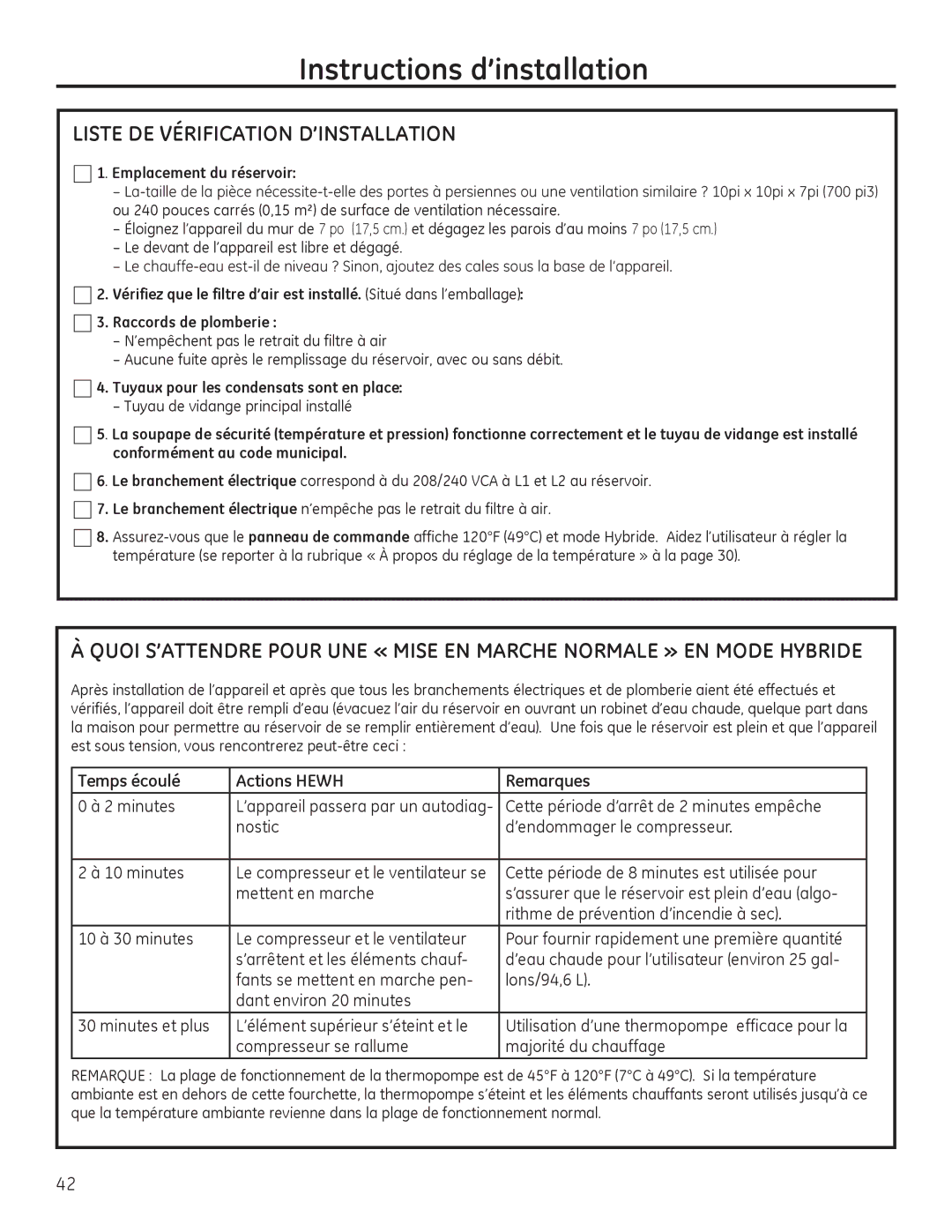 GE GEH50DEED Liste DE Vérification D’INSTALLATION, Temps écoulé Actions Hewh Remarques, Emplacement du réservoir 