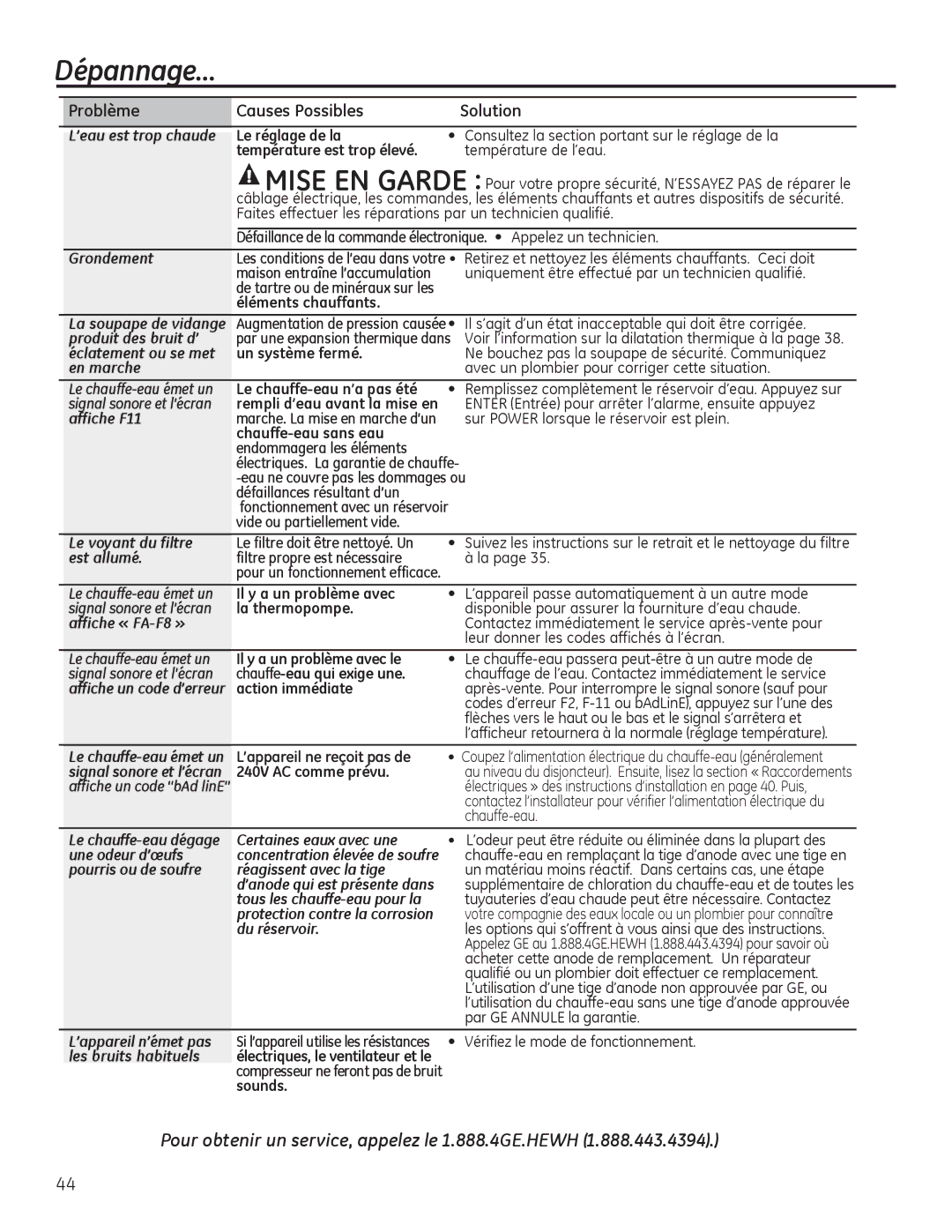 GE GEH50DEED owner manual Dépannage…, Pour obtenir un service, appelez le 1.888.4GE.HEWH 