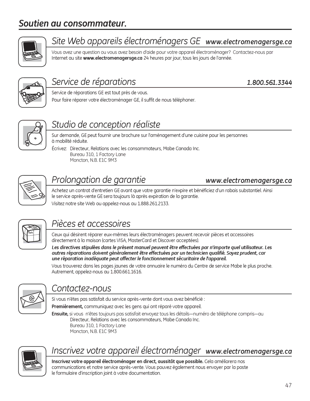 GE GEH50DEED owner manual Soutien au consommateur Service de réparations, Prolongation de garantie 