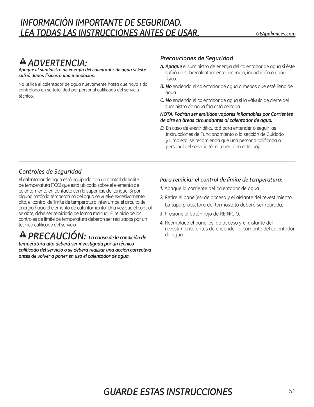 GE GEH50DEED Precauciones de Seguridad, Controles de Seguridad, Para reiniciar el control de límite de temperatura 