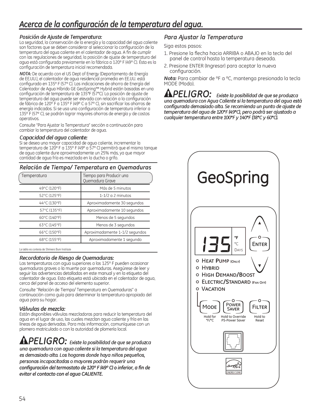 GE GEH50DEED owner manual Para Ajustar la Temperatura, Relación de Tiempo/ Temperatura en Quemaduras 