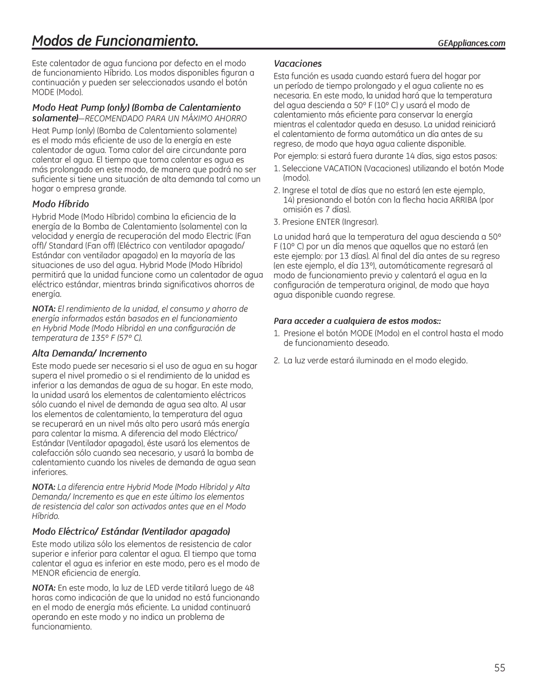 GE GEH50DEED Modos de Funcionamiento, Modo Híbrido, Alta Demanda/ Incremento, Modo Eléctrico/ Estándar Ventilador apagado 