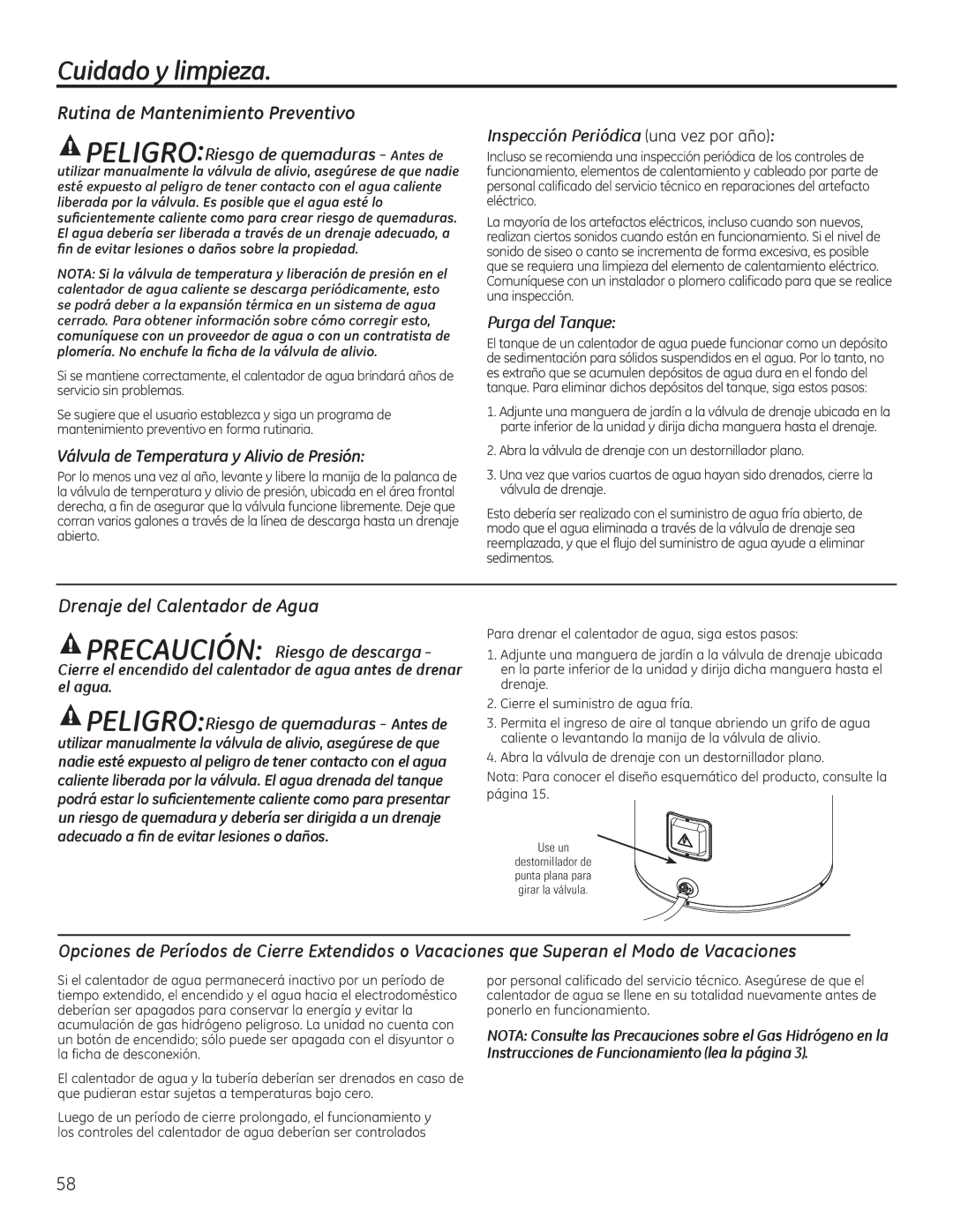 GE GEH50DEED Cuidado y limpieza, Drenaje del Calentador de Agua, Inspección Periódica XQDYHSRUDxR, Purga del Tanque 