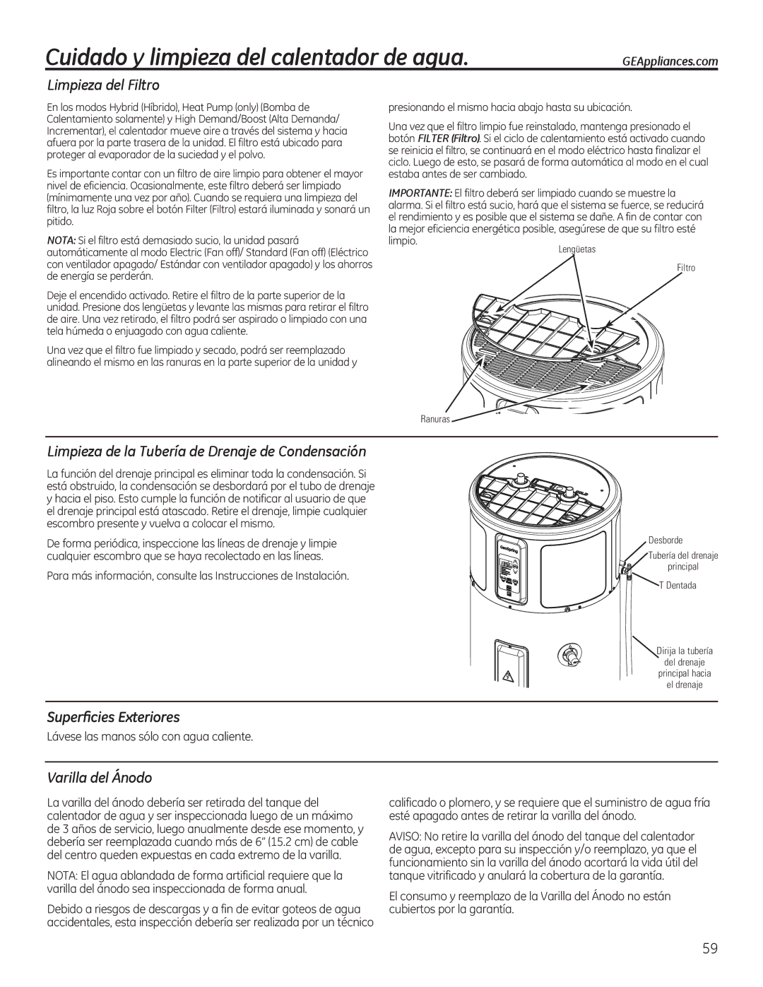 GE GEH50DEED owner manual Cuidado y limpieza del calentador de agua, Limpieza del Filtro, Varilla del Ánodo 