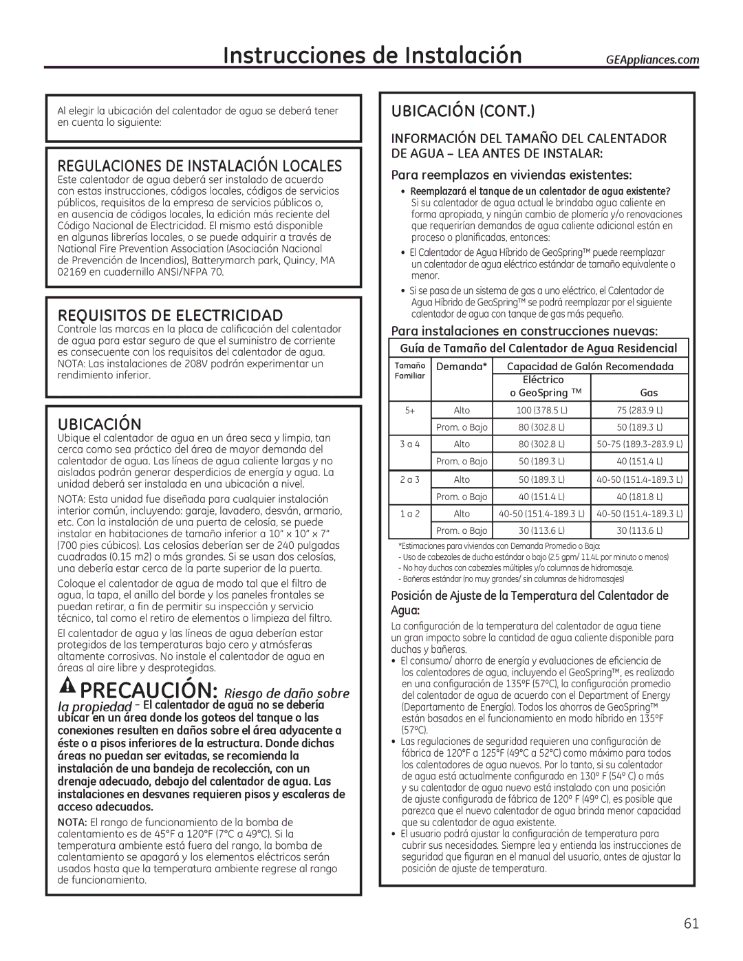 GE GEH50DEED owner manual Requisitos DE Electricidad, Ubicación, Para reemplazos en viviendas existentes 