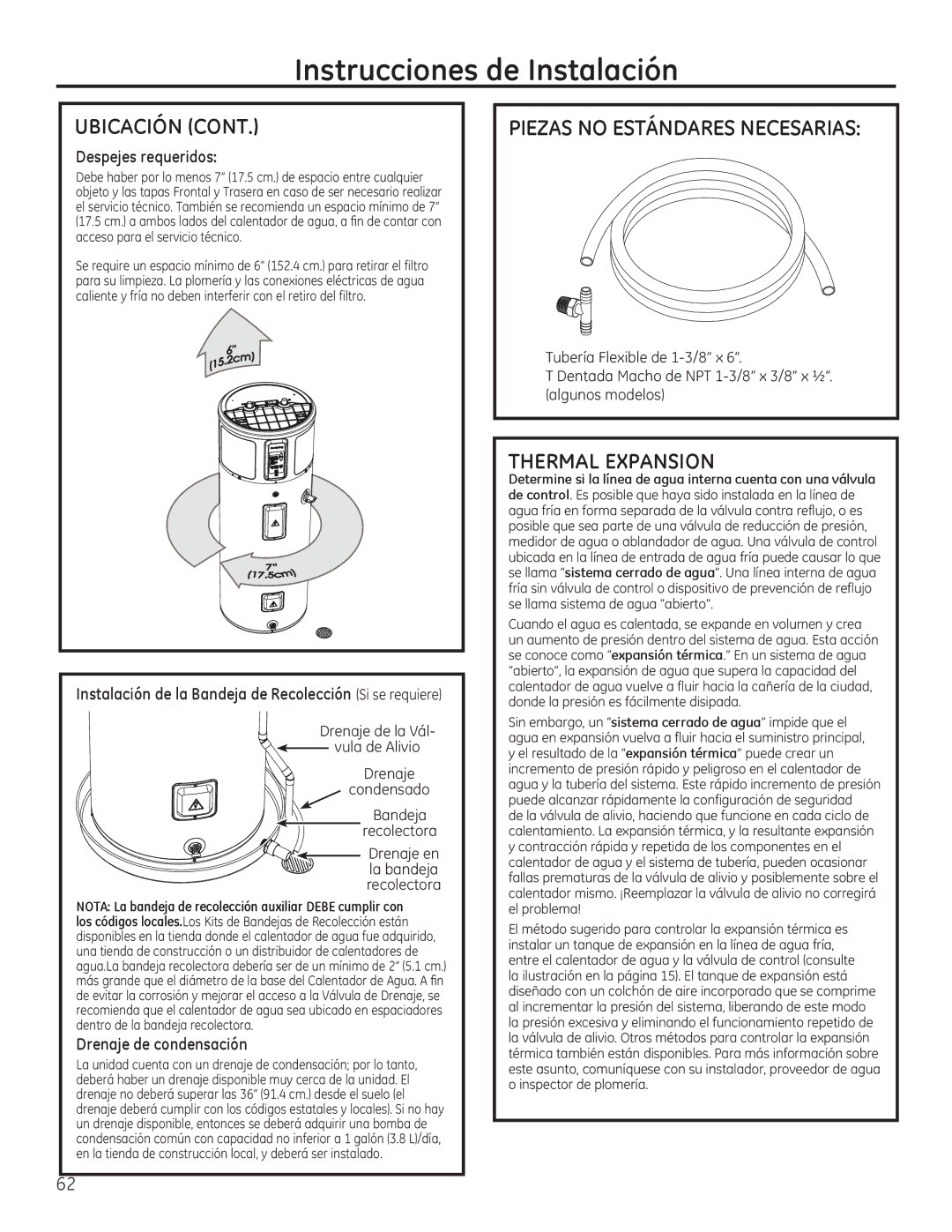 GE GEH50DEED owner manual Piezas no Estándares Necesarias, Thermal Expansion, Despejes requeridos, Drenaje de condensación 