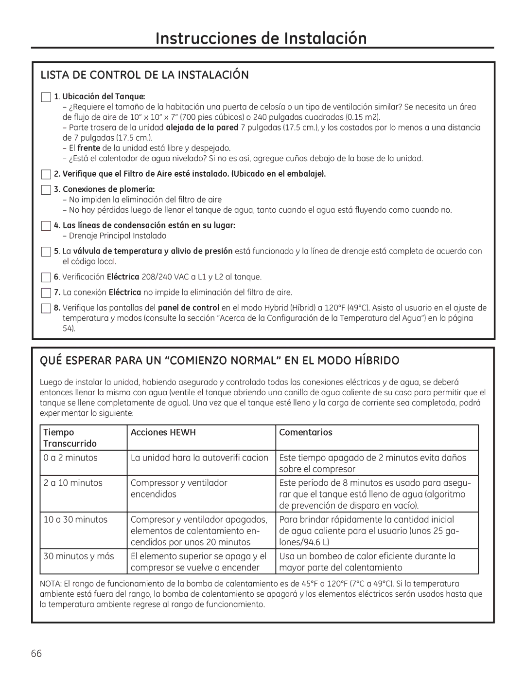 GE GEH50DEED owner manual Lista DE Control DE LA Instalación, QUÉ Esperar Para UN Comienzo Normal EN EL Modo Híbrido 