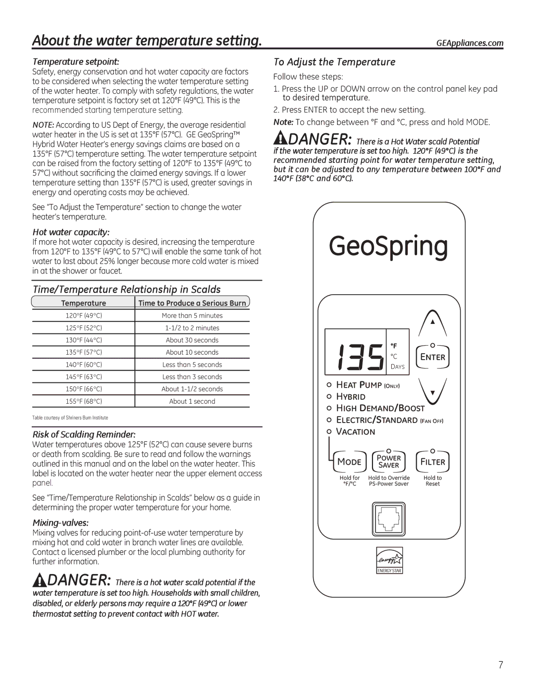 GE GEH50DEED About the water temperature setting, To Adjust the Temperature, Time/Temperature Relationship in Scalds 