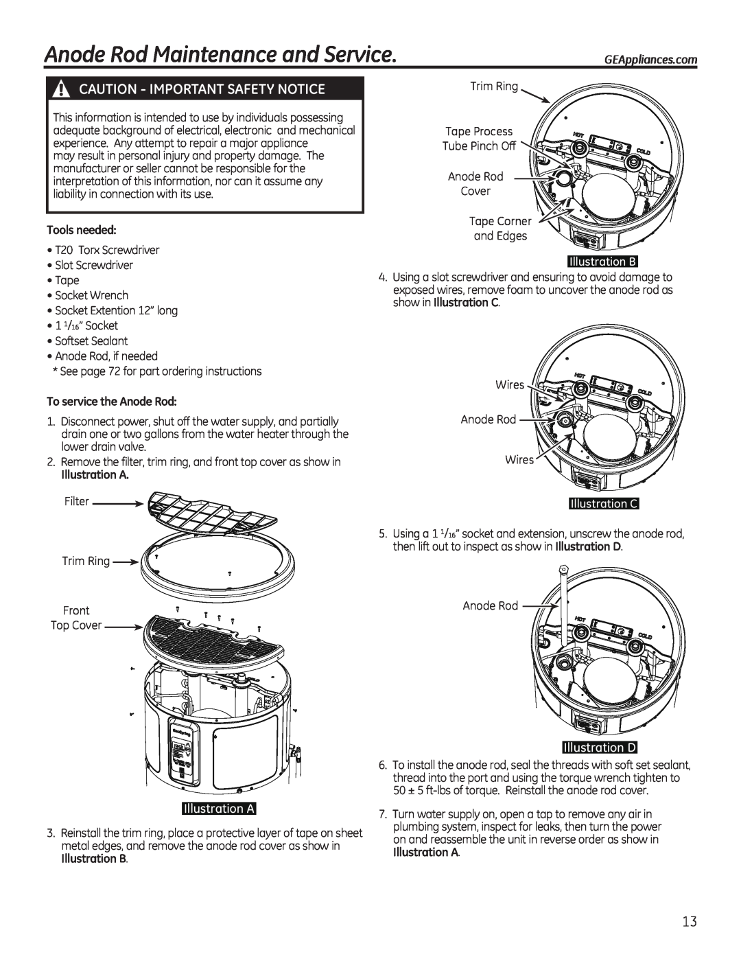 GE GEH50DEED Anode Rod Maintenance and Service, Caution - Important Safety Notice, Illustration A, Illustration D 