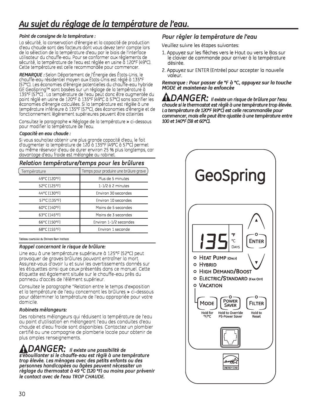 GE GEH50DEED Au sujet du réglage de la température de l’eau, Relation température/temps pour les brûlures, GeoSpring, Mode 