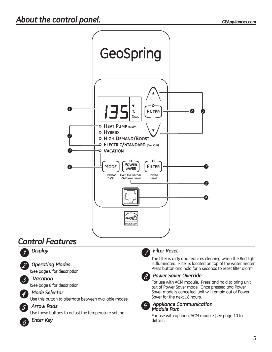 GE GEH50DEED GeoSpring, About the control panel. , Control Features, Display Operating Modes, Vacation, Mode Selector 