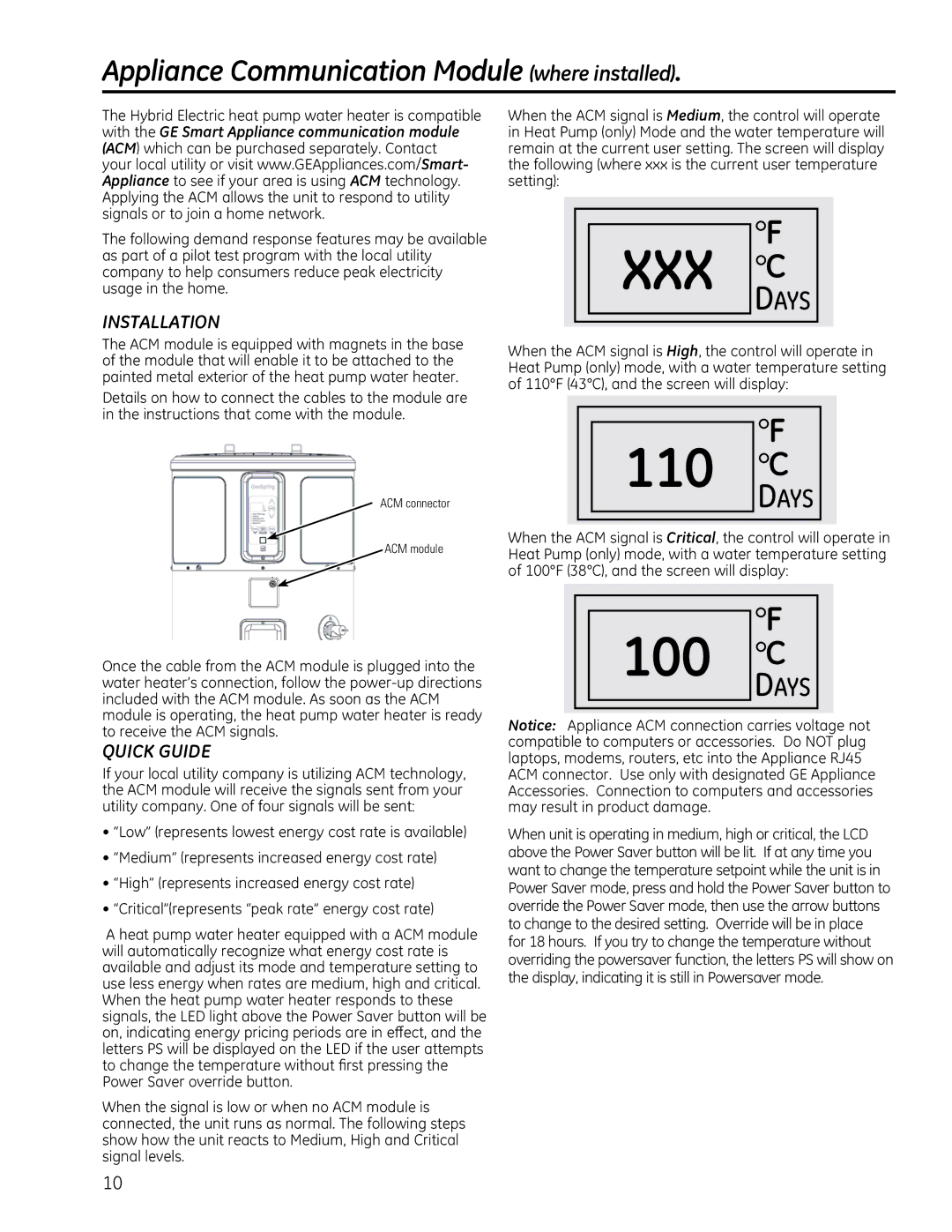 GE GEH50DEEDXX manual 167$//$7,21, 48,&.*8, VljqdoOhyhov, ACM connector ACM module 