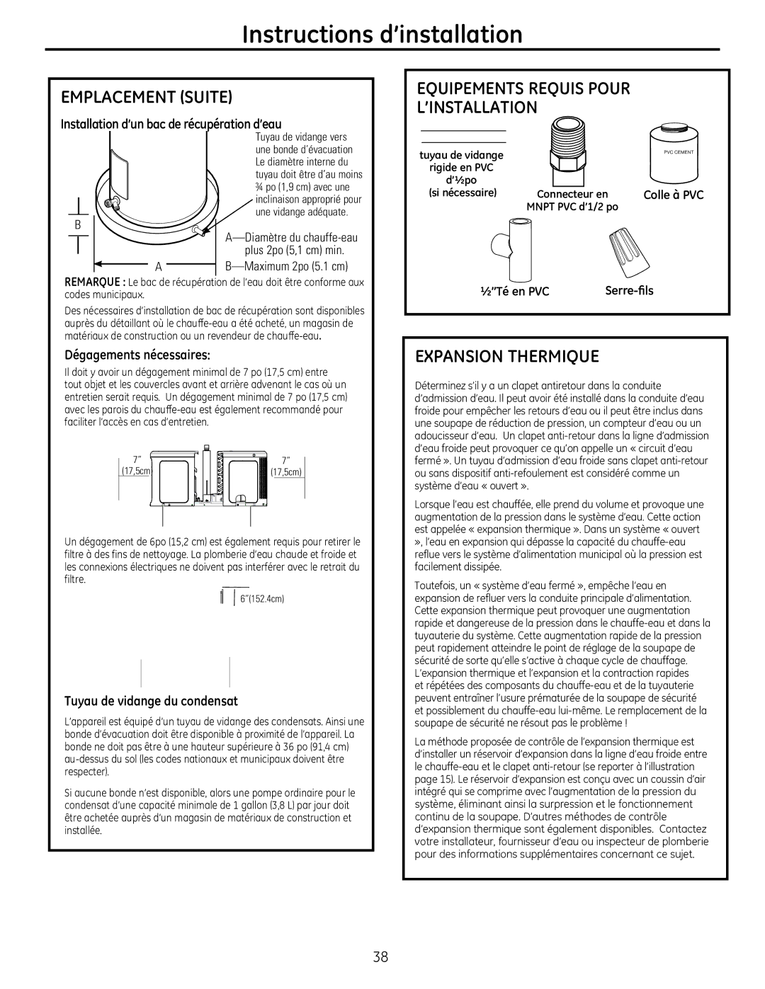 GE GEH50DEEDXX manual $16,217+50,48, 7X\DXGHYLGDQJHGXFRQGHQVDW, QVWDOODWLRQG·XQEDFGHUpFXSpUDWLRQG·HDX 