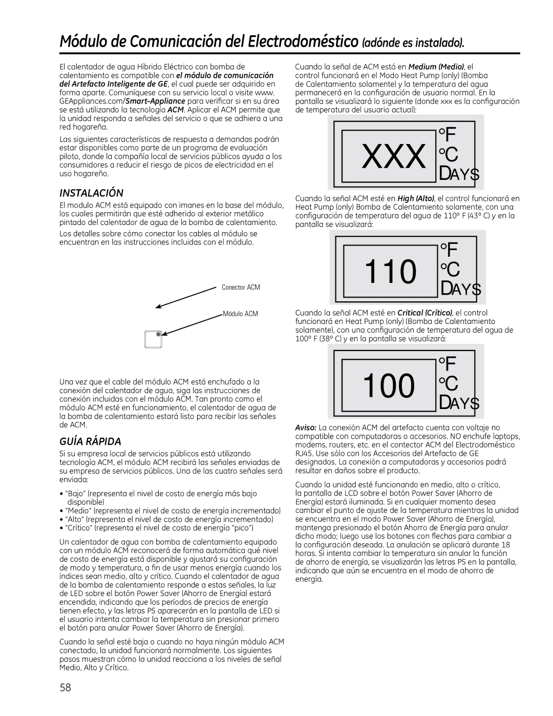 GE GEH50DEEDXX manual 167$/$&,Ï1, 8Ë$5È3,$, GhWhpshudwxudGhoXvxdulrDfwxdo, Conector ACM Módulo ACM 