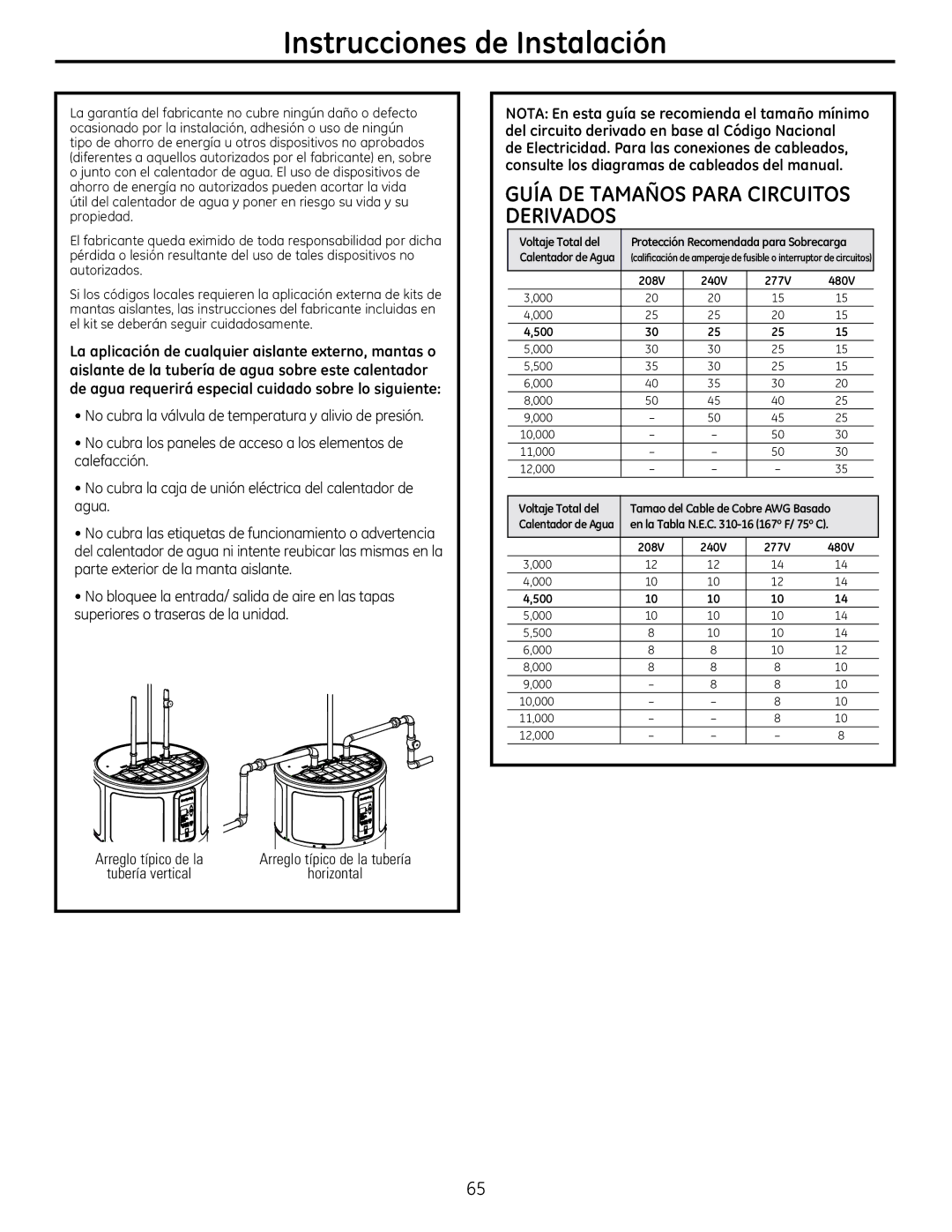 GE GEH50DEEDXX manual 8Ë$7$0$f263$5$&,5&8,726 5,9$26, FDOHIDFFLyQ, Djxd, Arreglo típico de la, Tubería vertical 