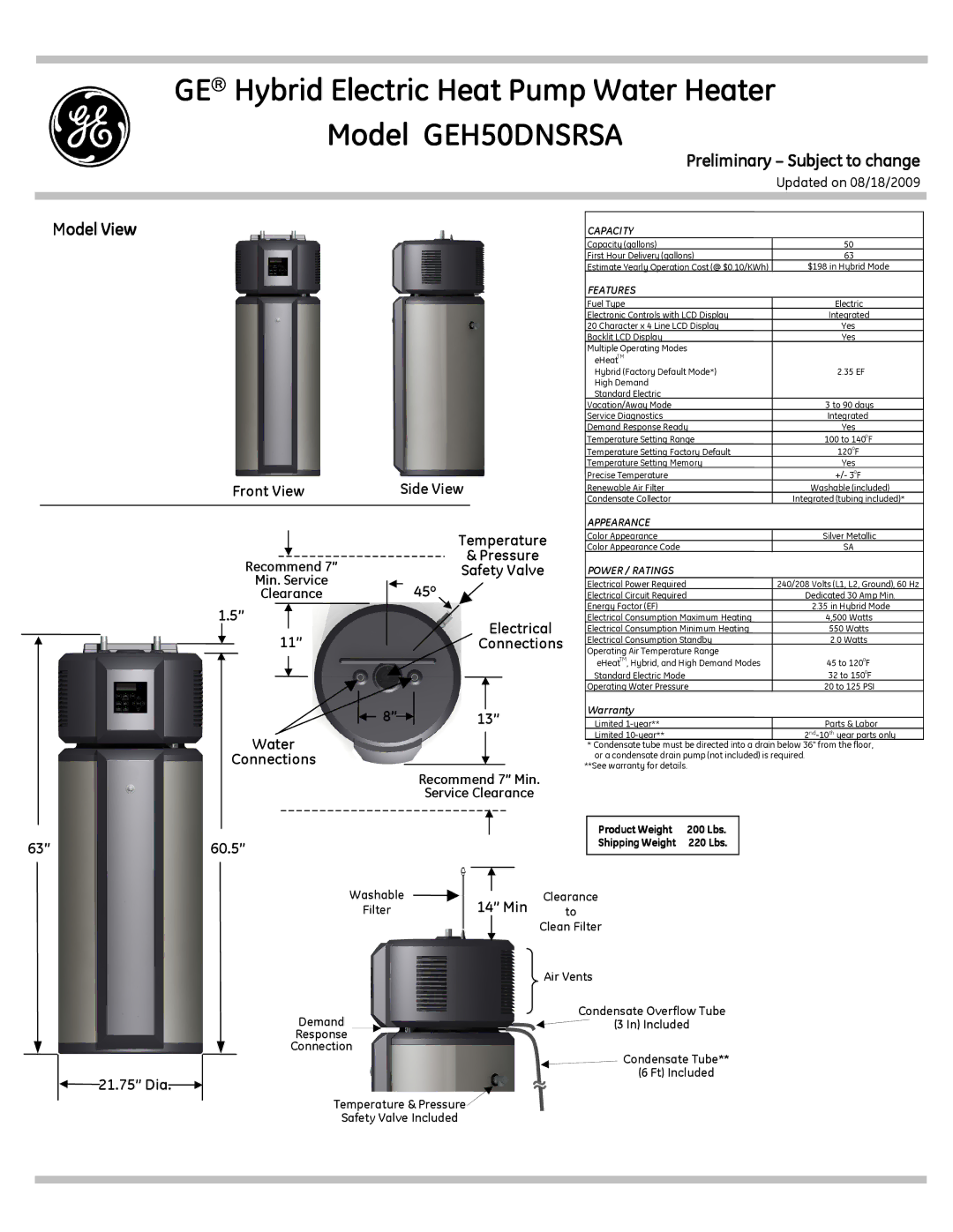 GE GEH50DNSRSA warranty Preliminary Subject to change, Model View 