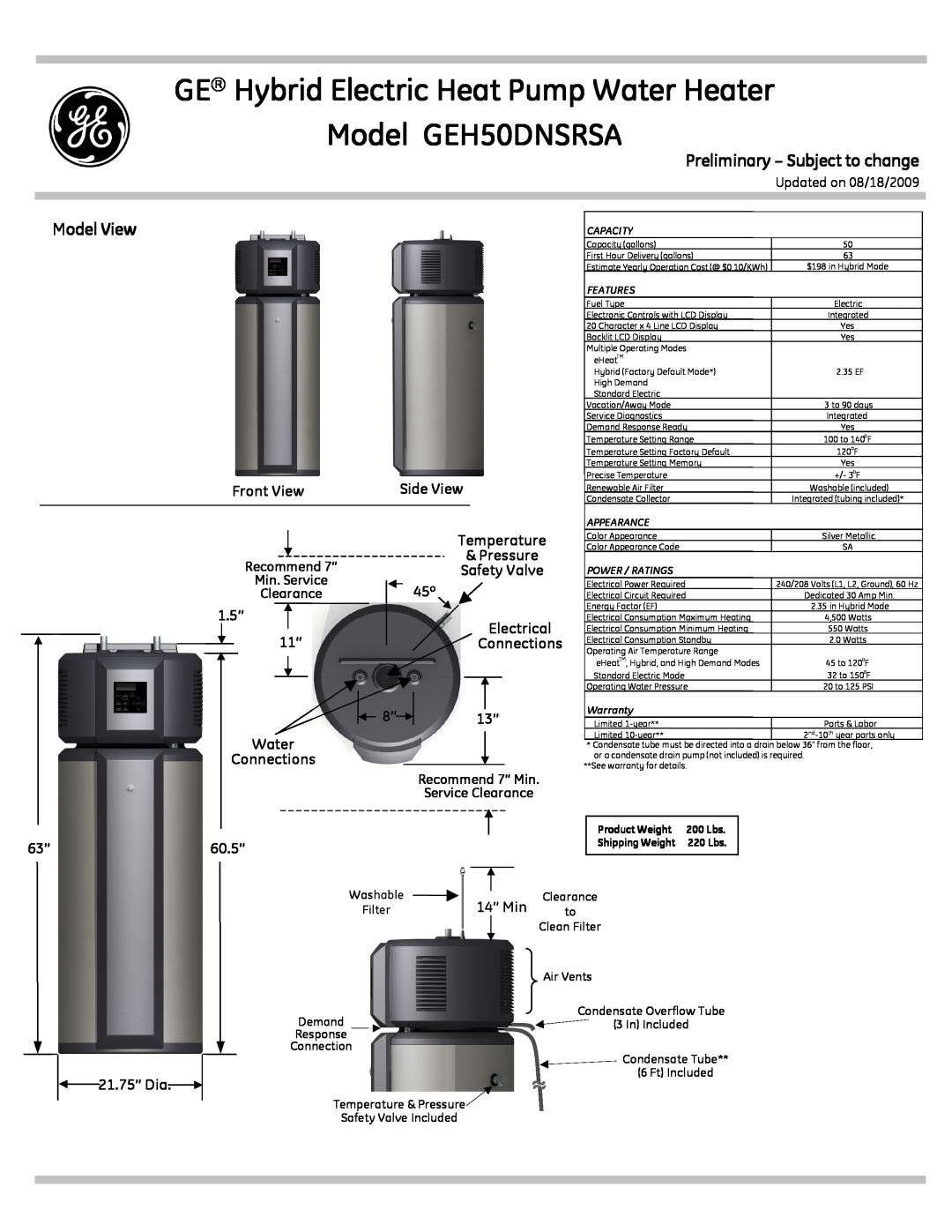 GE warranty GE Hybrid Electric Heat Pump Water Heater Model GEH50DNSRSA, Preliminary - Subject to change, Model View 