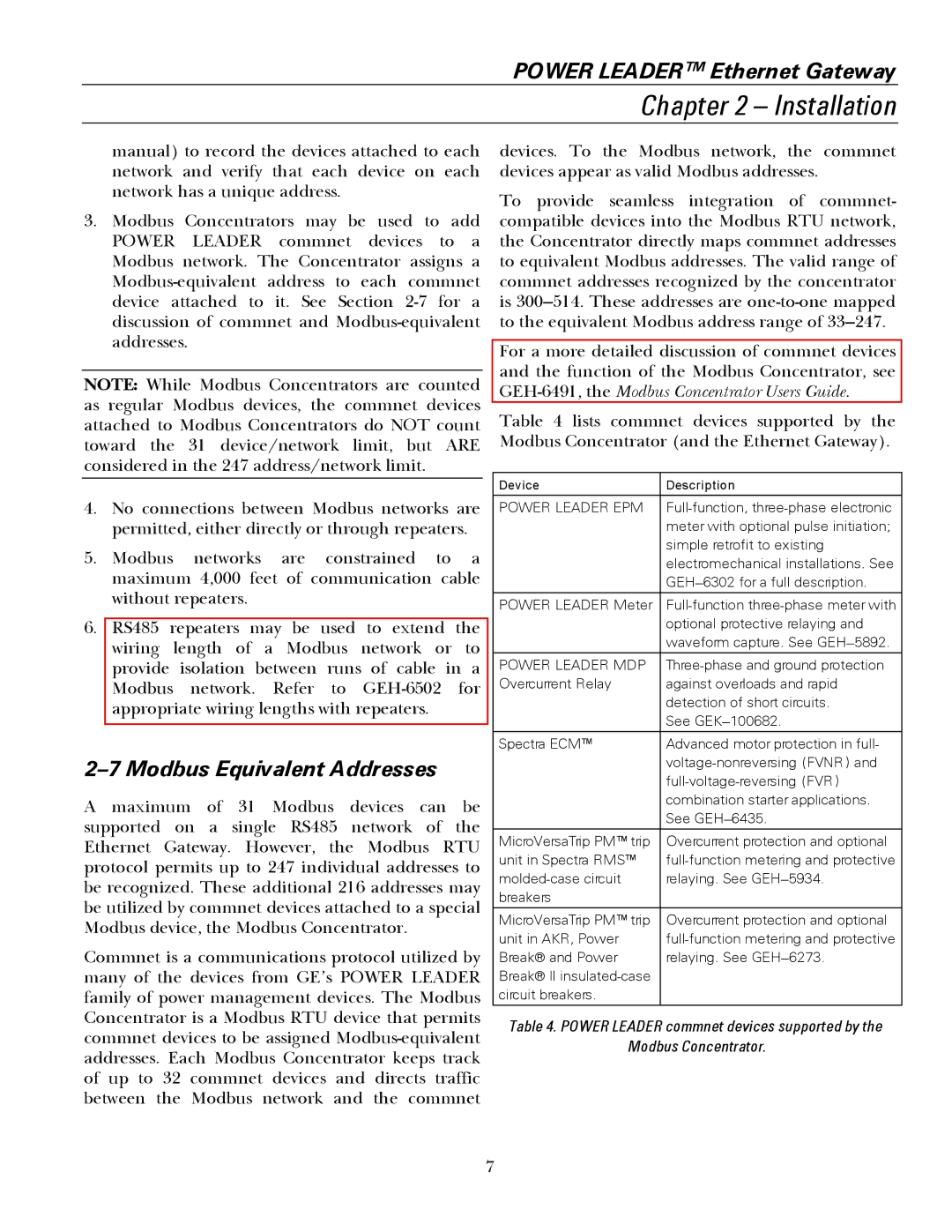 GE GEH6505A manual Modbus Equivalent Addresses, Power Leader EPM 