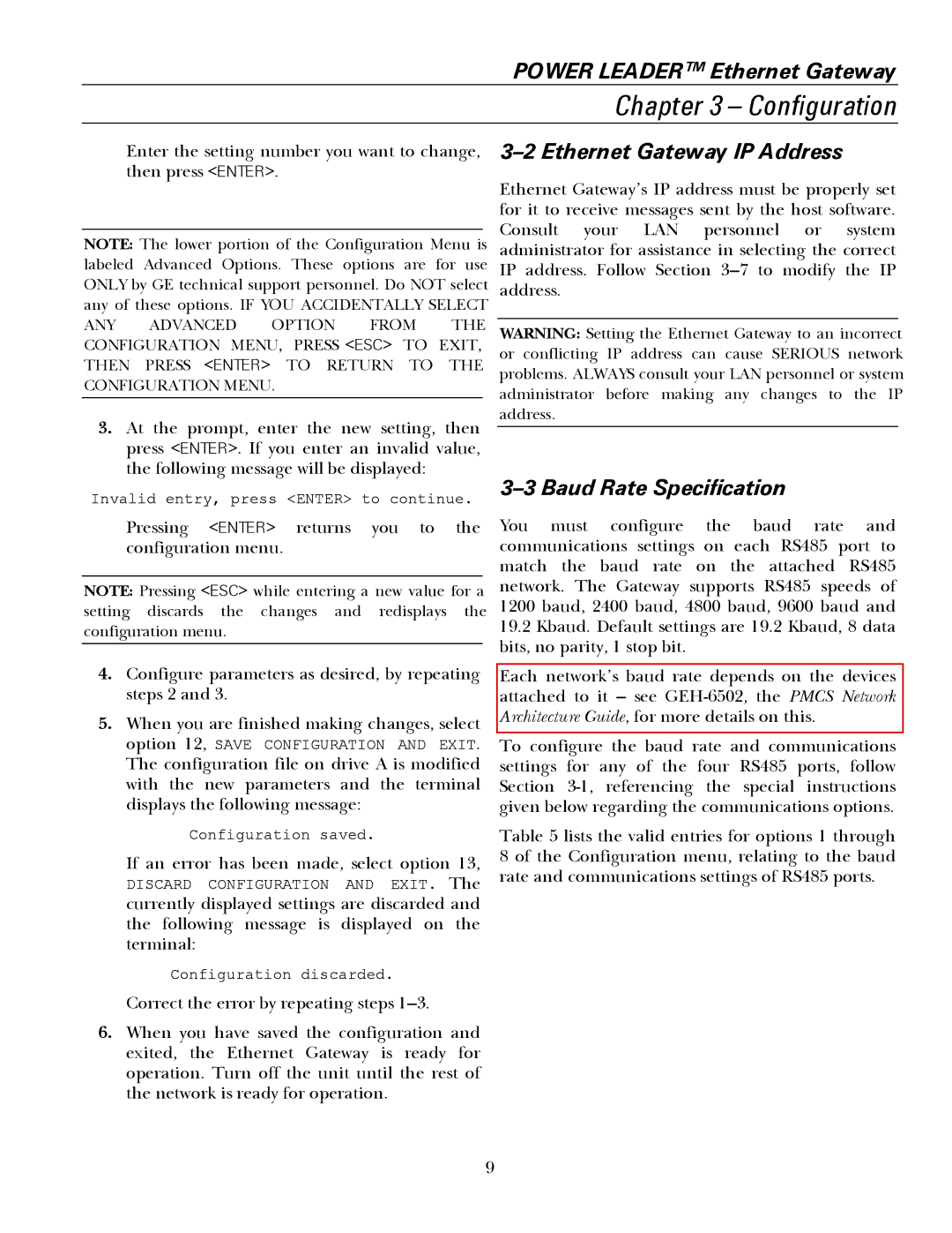 GE GEH6505A manual Ethernet Gateway IP Address, Baud Rate Specification 