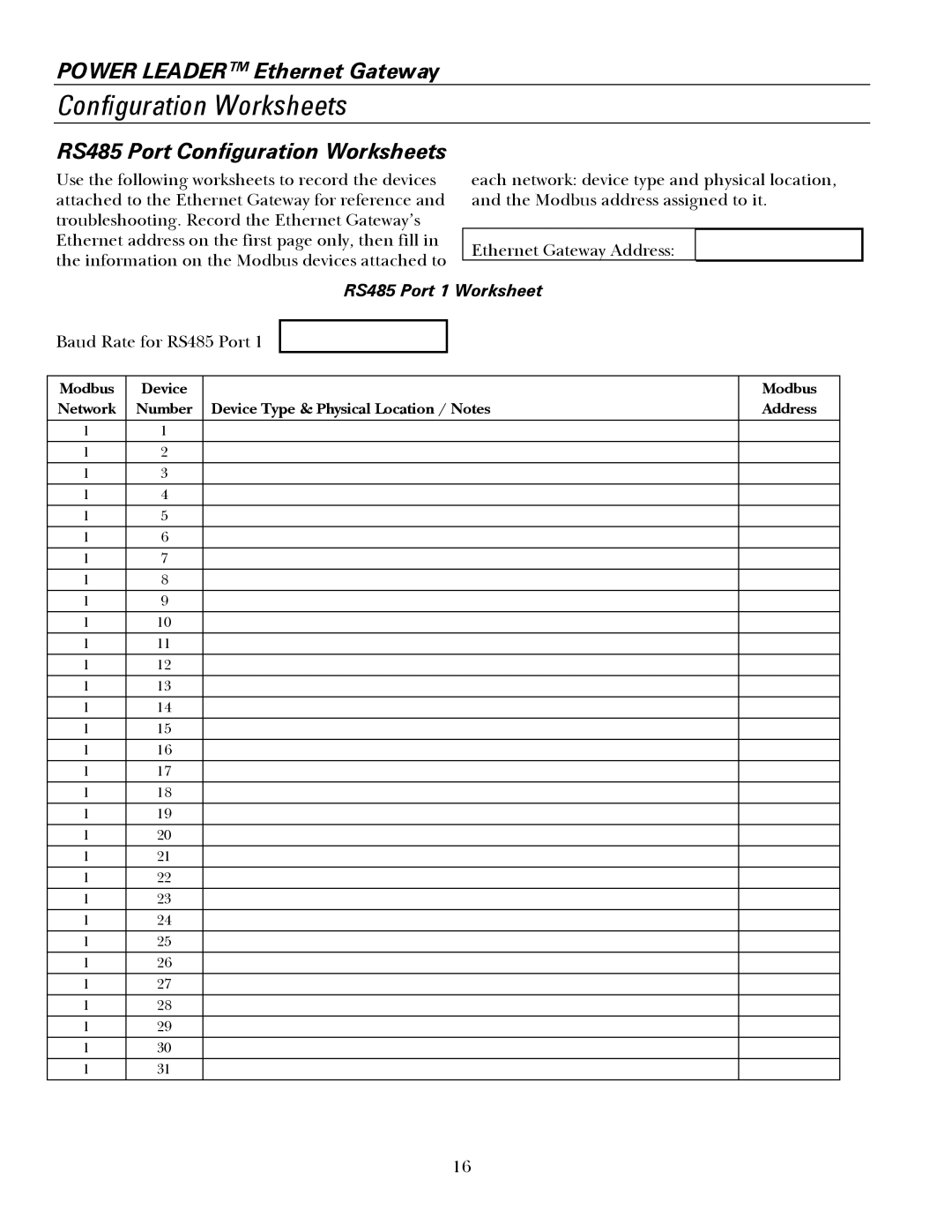 GE GEH6505A manual RS485 Port Configuration Worksheets 