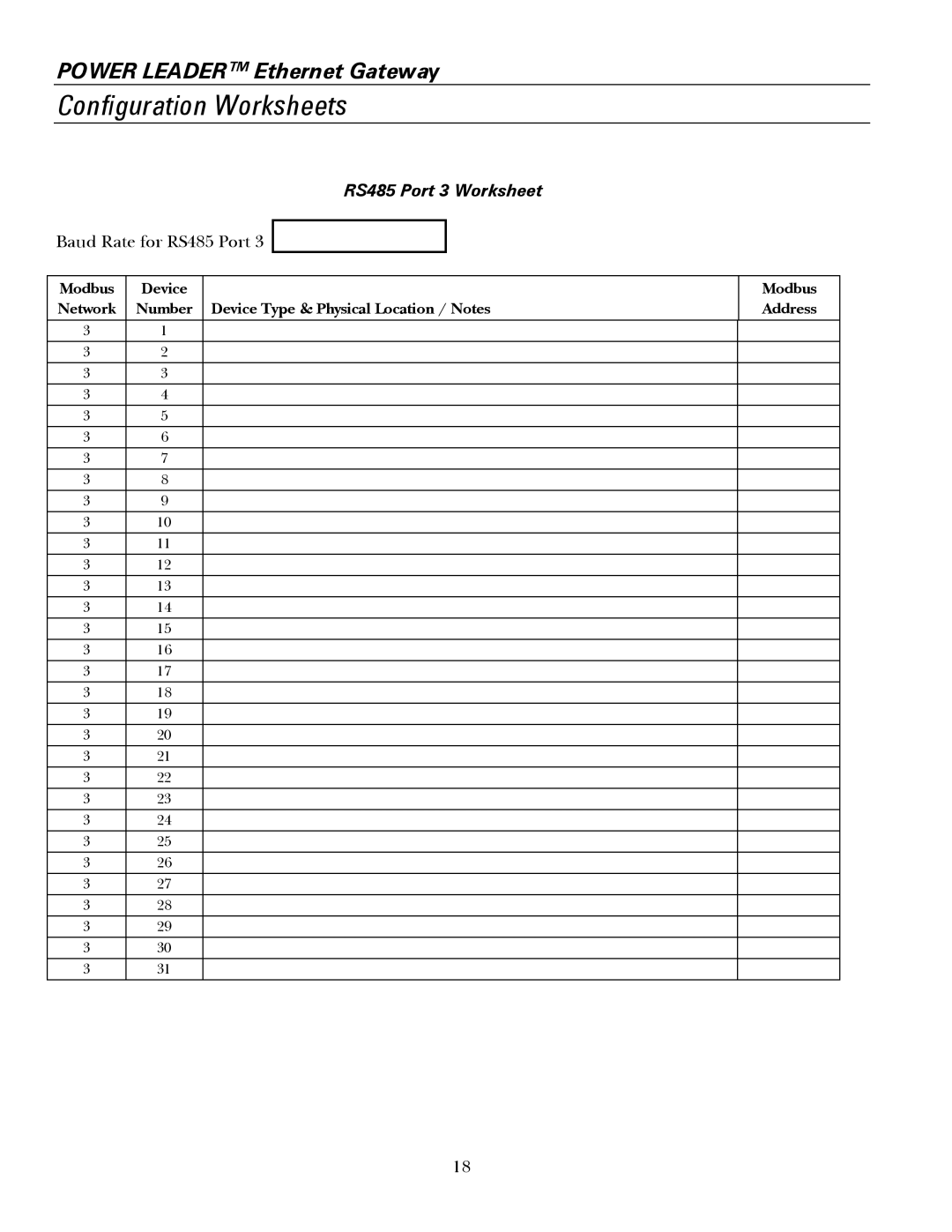 GE GEH6505A manual RS485 Port 3 Worksheet Baud Rate for RS485 Port 