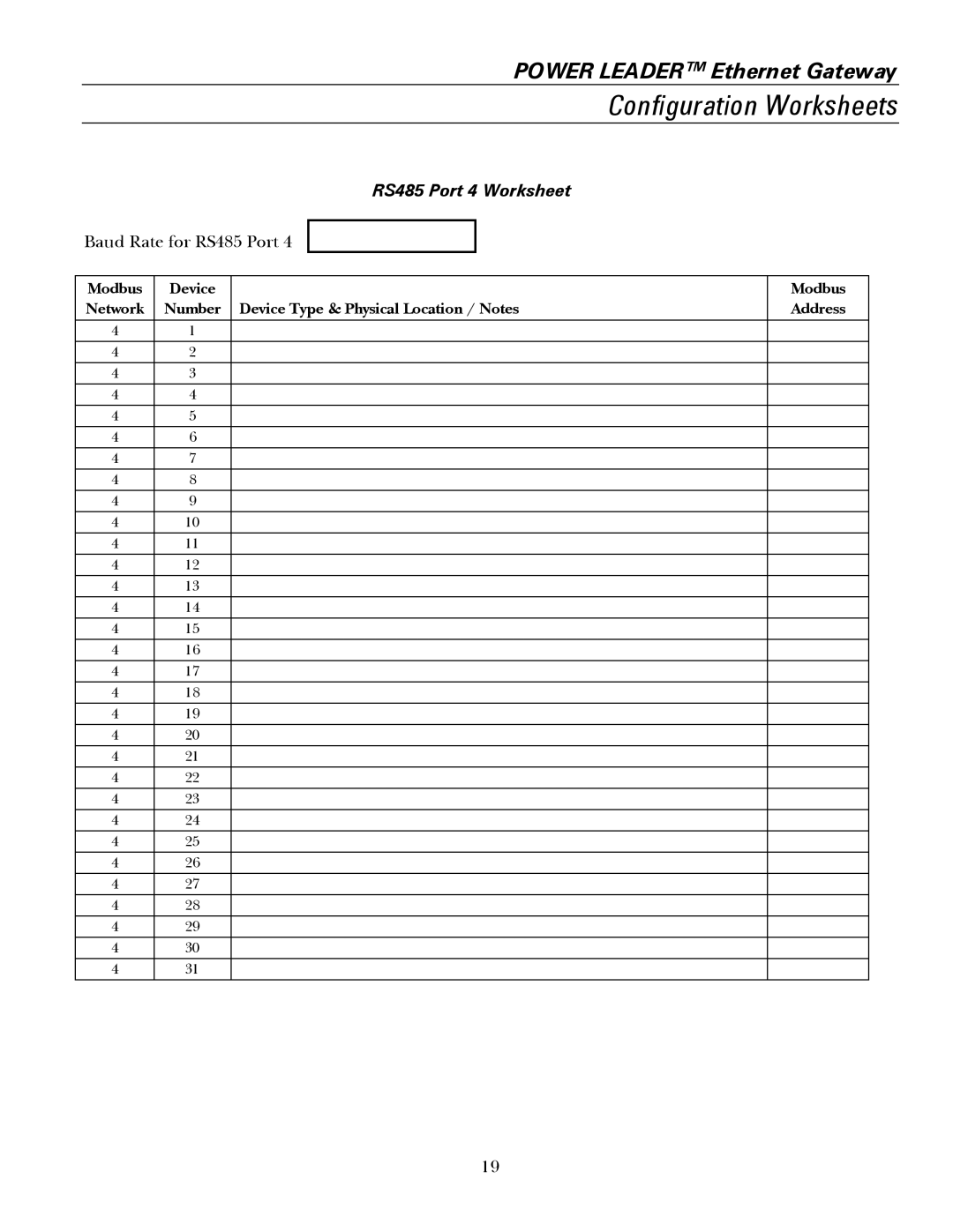 GE GEH6505A manual RS485 Port 4 Worksheet Baud Rate for RS485 Port 