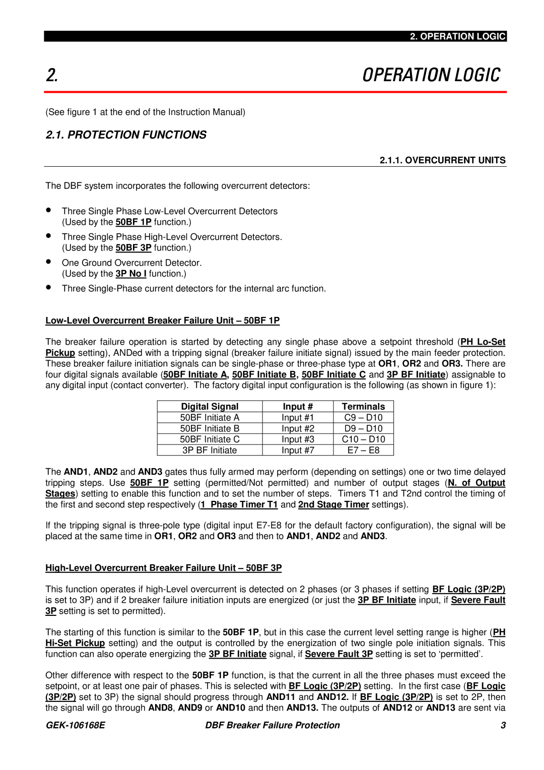 GE GEK 106168E manual Protection Functions, Overcurrent Units, Low-Level Overcurrent Breaker Failure Unit 50BF 1P 