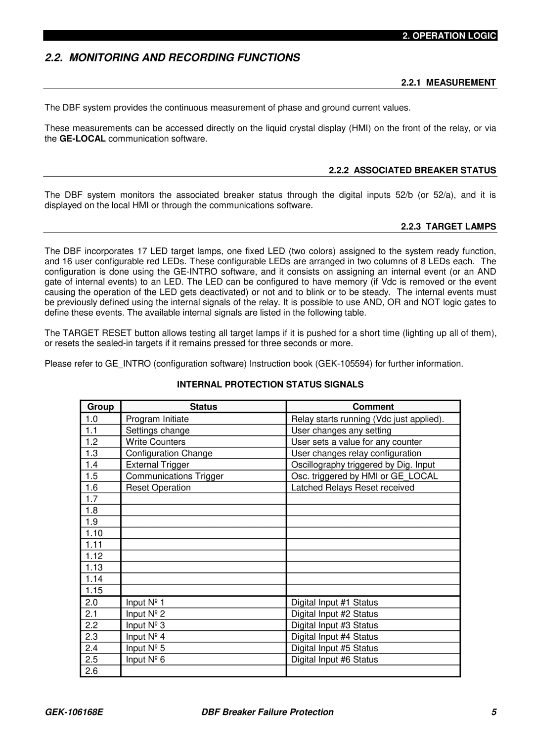 GE GEK 106168E manual Monitoring and Recording Functions, Measurement, Associated Breaker Status, Target Lamps 