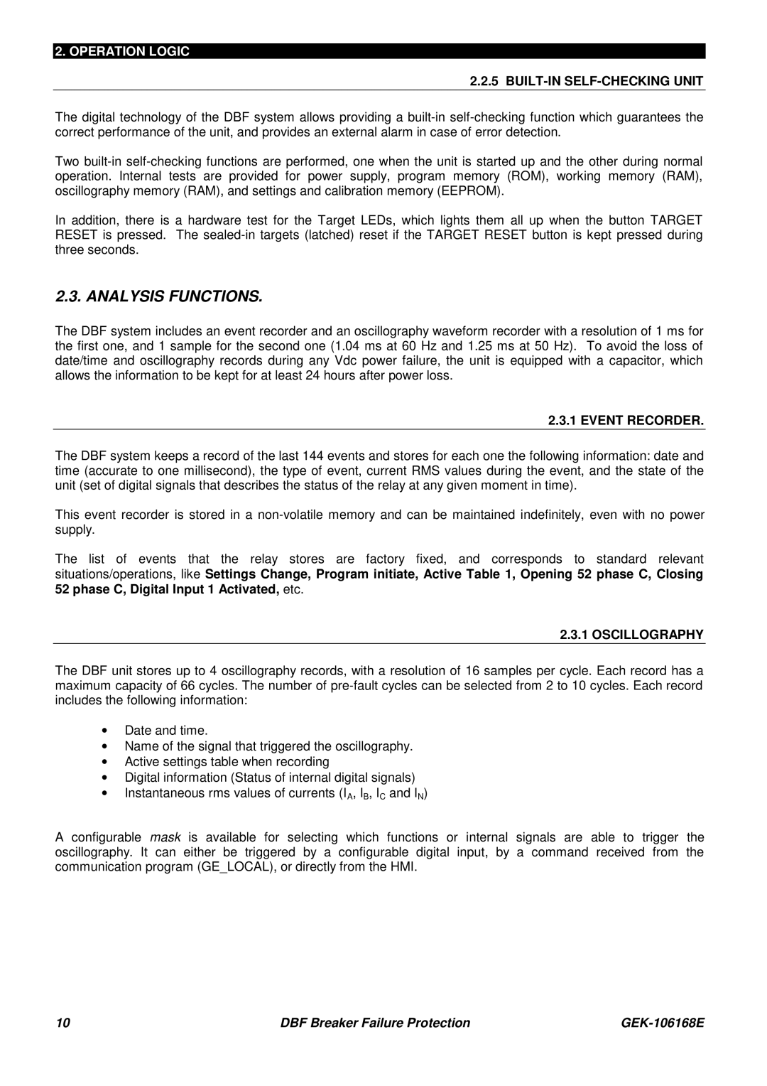 GE GEK 106168E manual Analysis Functions, BUILT-IN SELF-CHECKING Unit, Event Recorder, Oscillography 