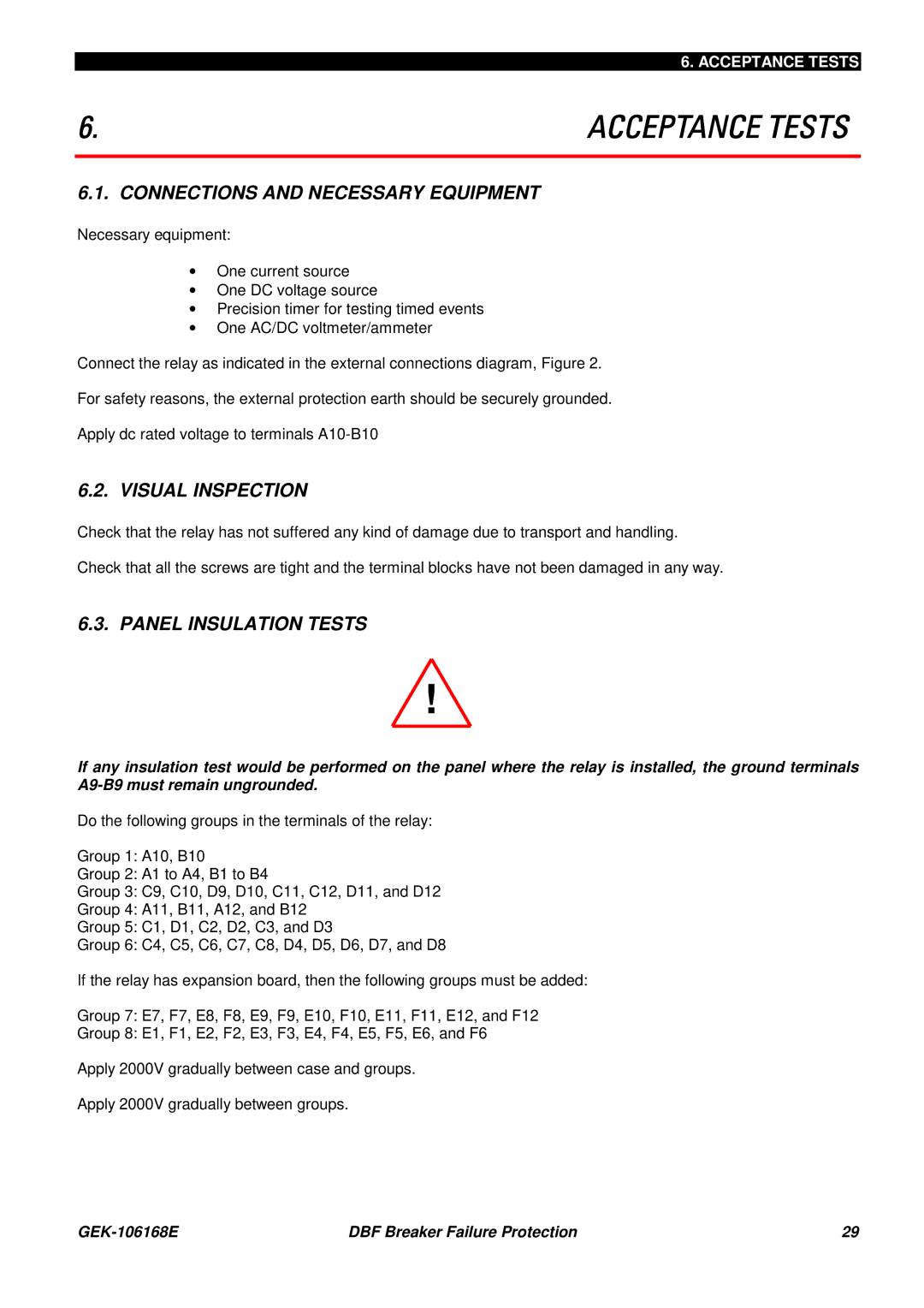 GE GEK 106168E manual Connections and Necessary Equipment, Visual Inspection, Panel Insulation Tests 