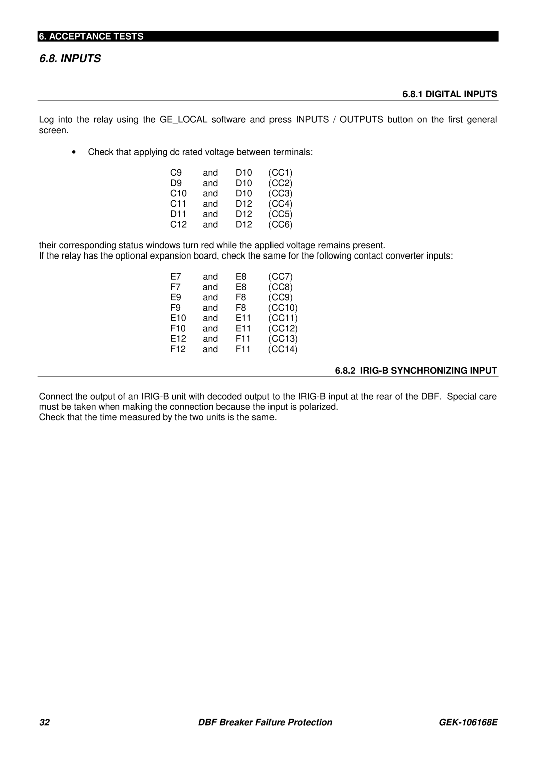 GE GEK 106168E manual Digital Inputs, IRIG-B Synchronizing Input 