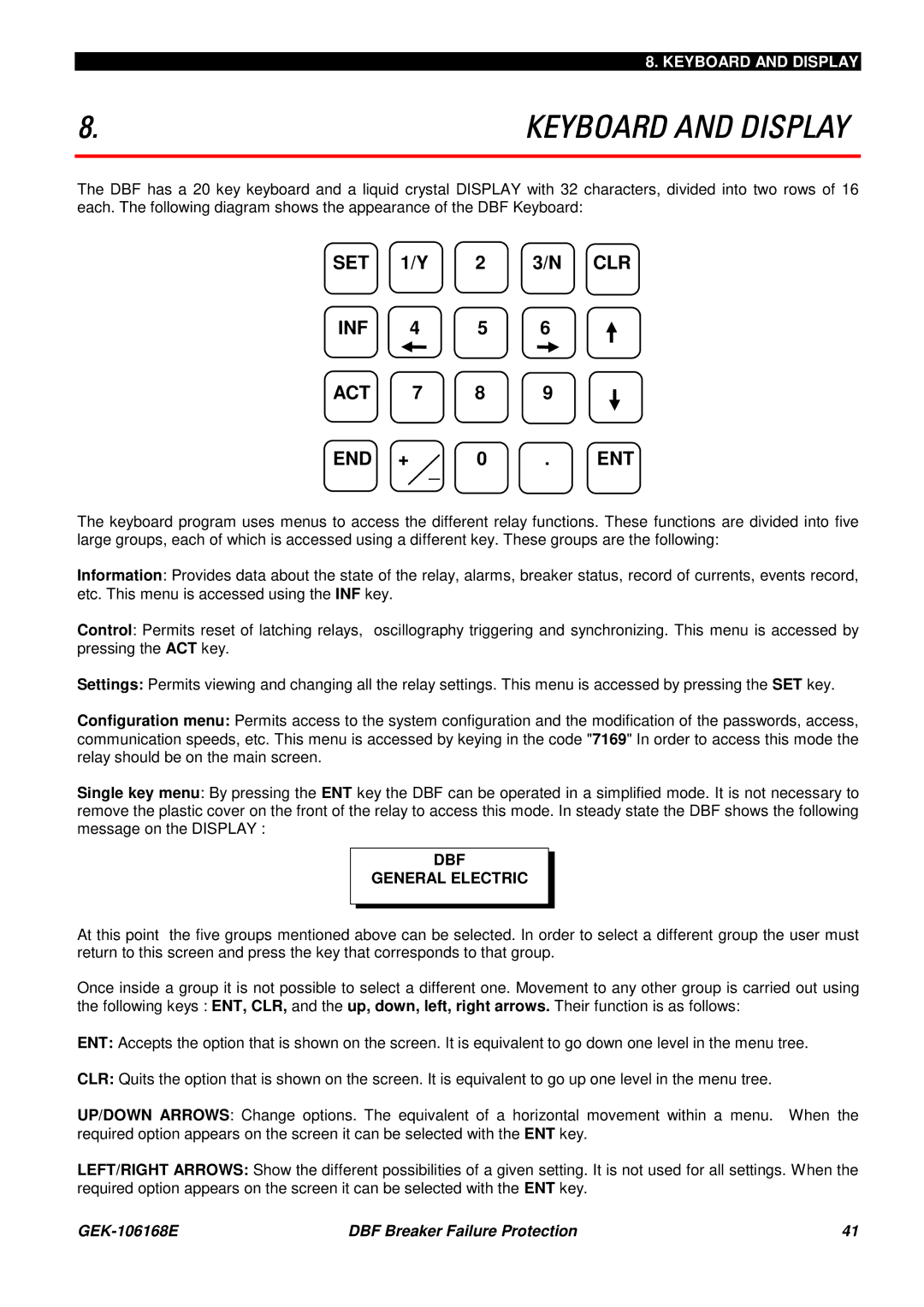 GE GEK 106168E manual Keyboard and Display, DBF General Electric 