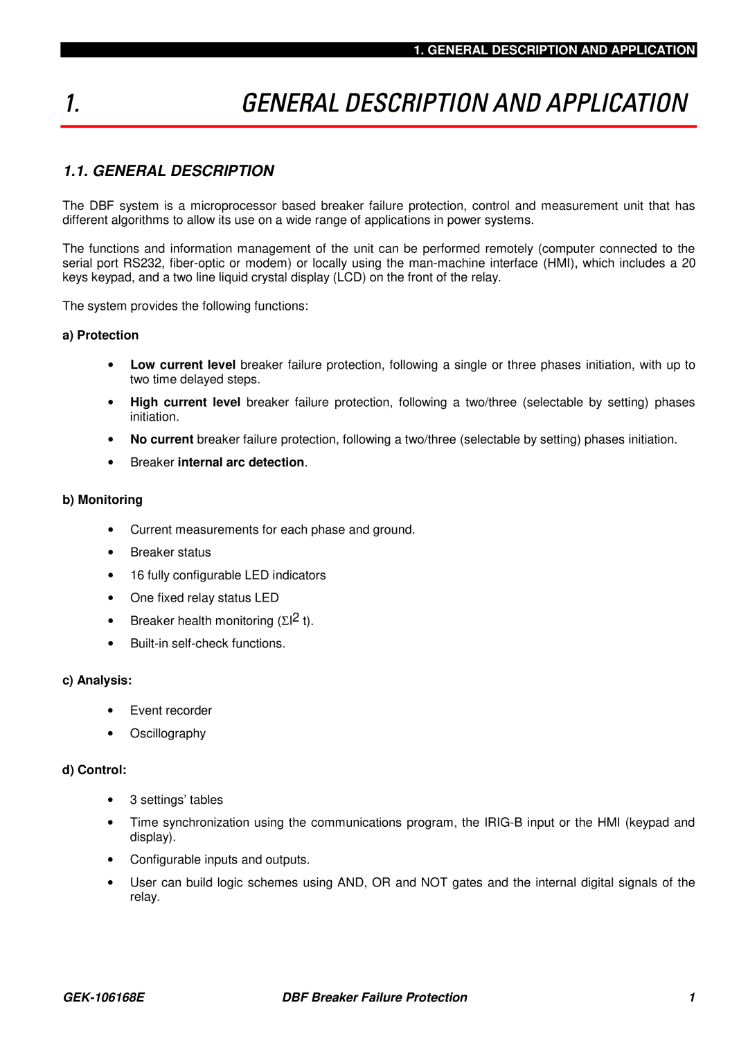 GE GEK 106168E manual General Description, Protection, ∙ Breaker internal arc detection Monitoring, Analysis, Control 