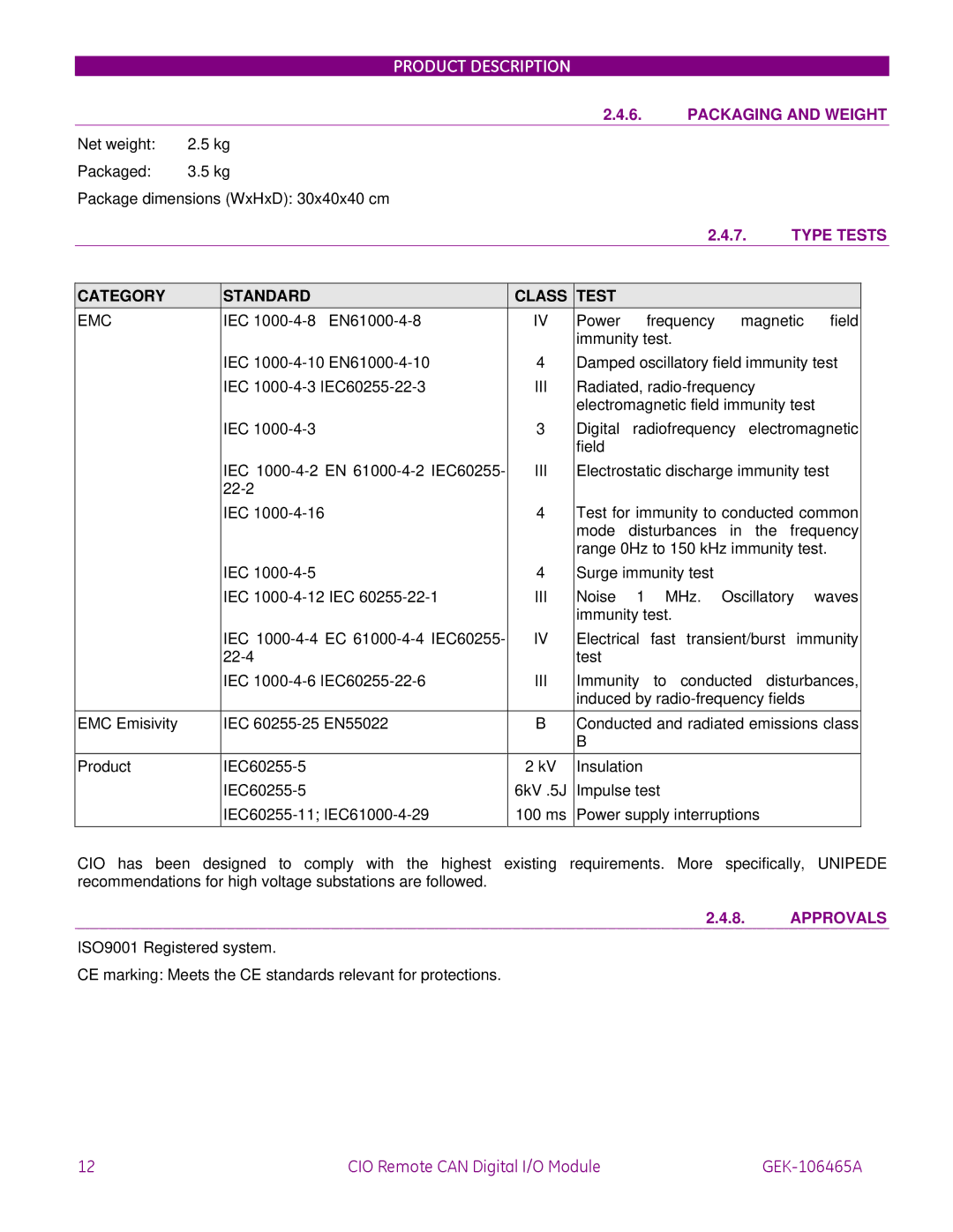 GE GEK-106465A instruction manual Packaging and Weight, Type Tests, Category Standard Class Test, Approvals 