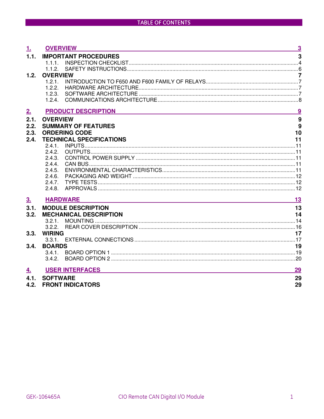 GE GEK-106465A instruction manual Table of Contents 