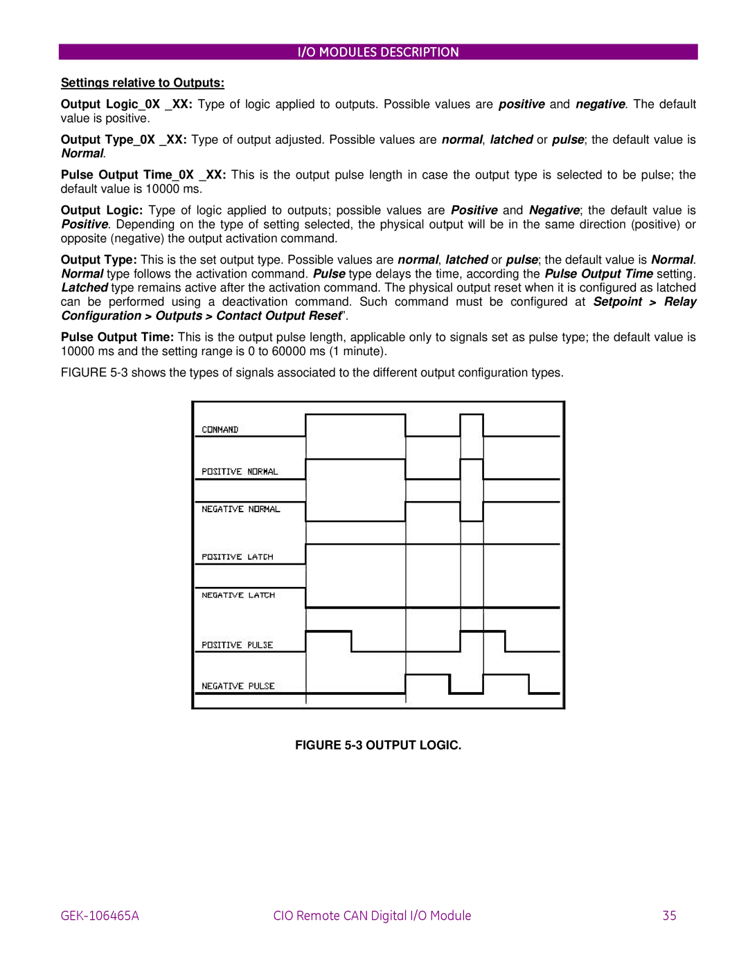 GE GEK-106465A instruction manual Settings relative to Outputs, Output Logic 