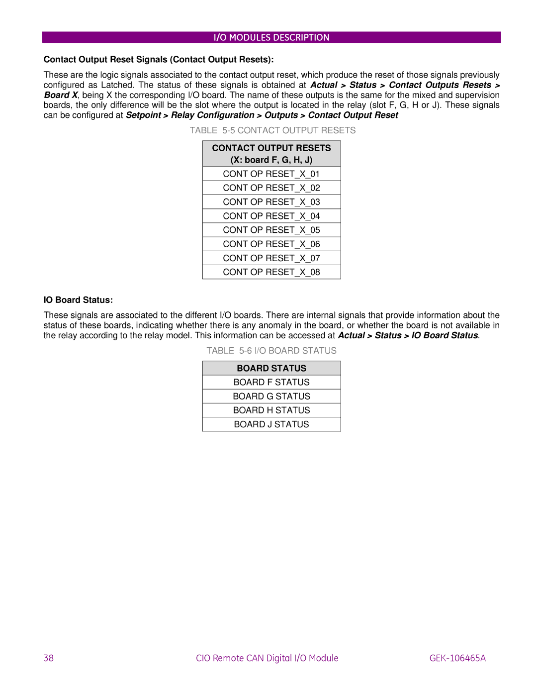 GE GEK-106465A instruction manual Contact Output Reset Signals Contact Output Resets, IO Board Status 