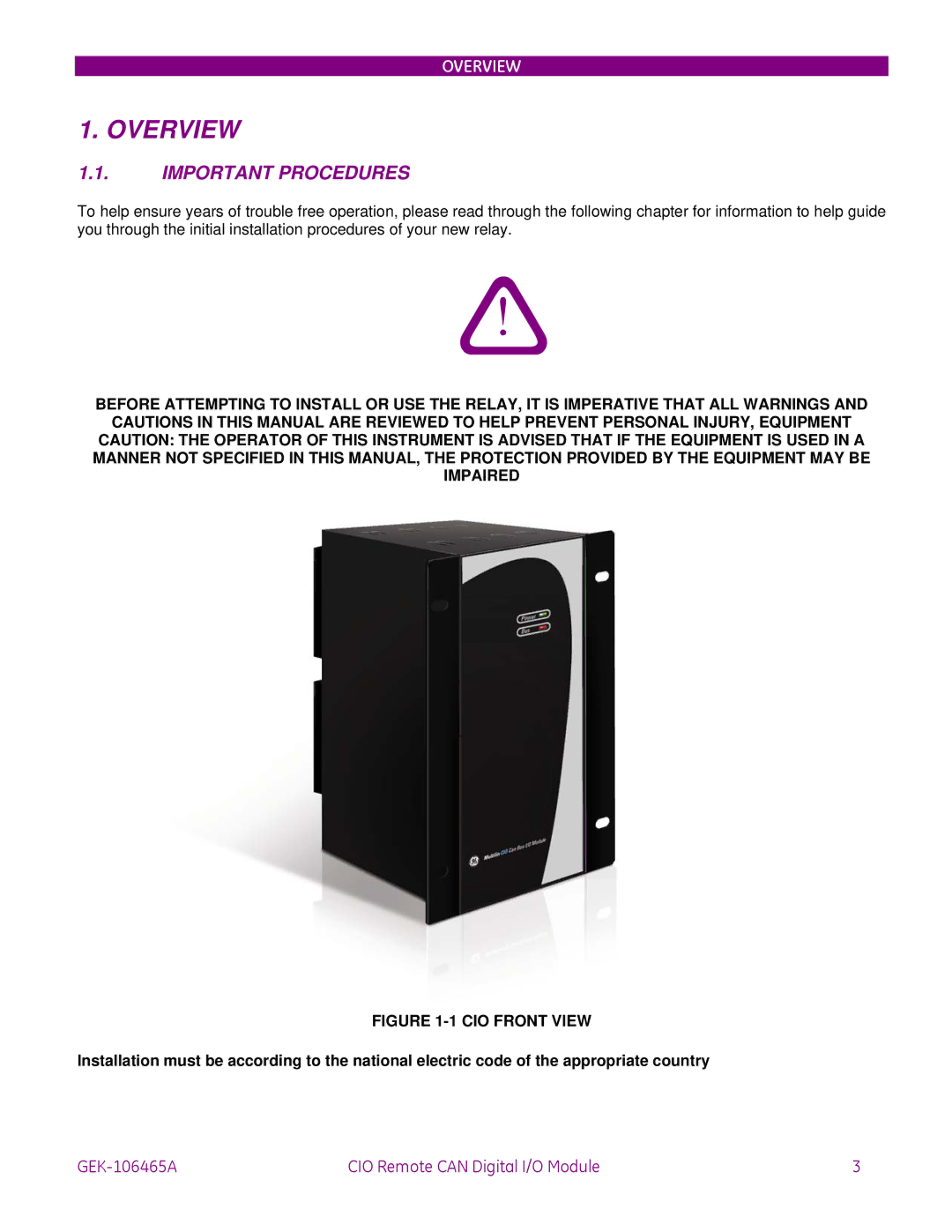 GE GEK-106465A instruction manual Important Procedures, CIO Front View 