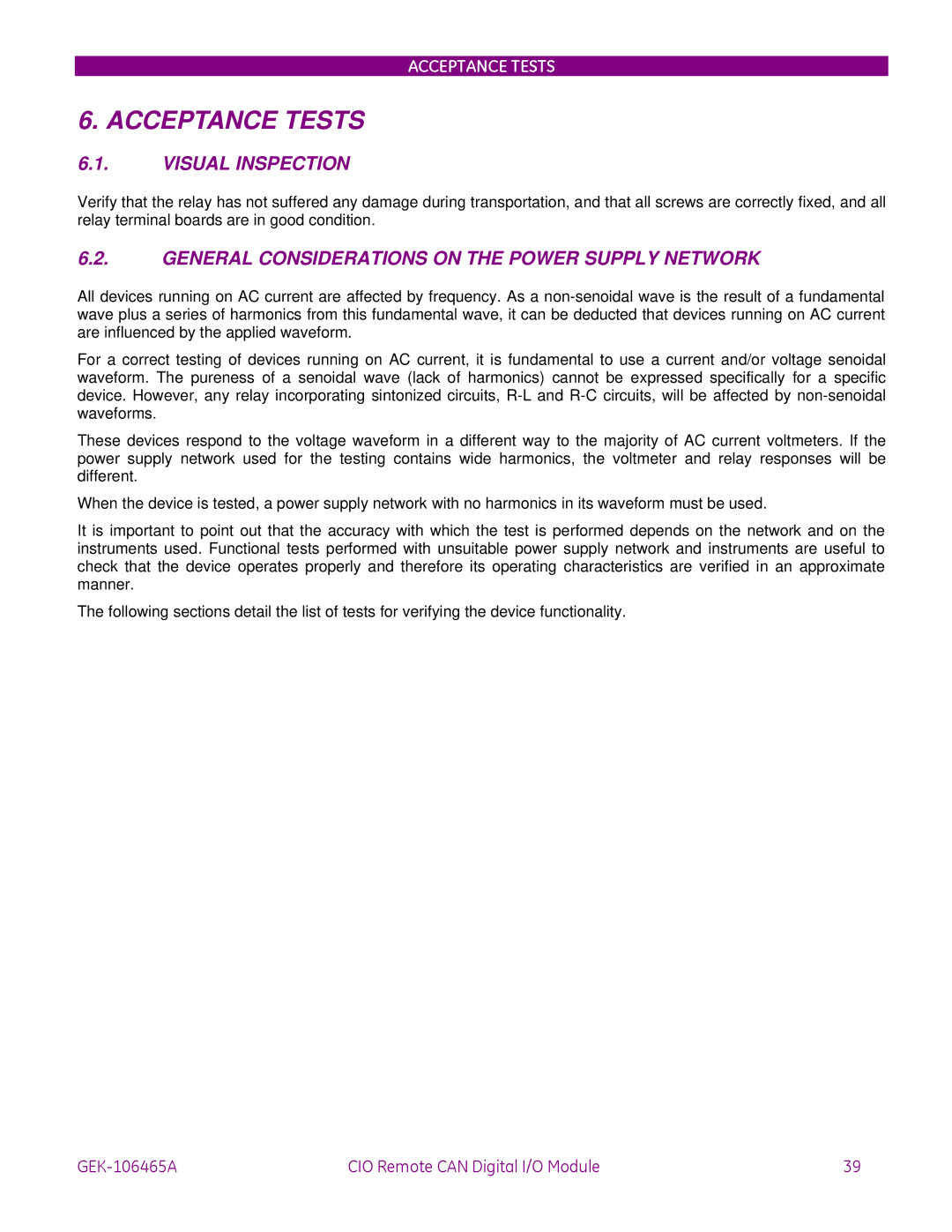 GE GEK-106465A instruction manual Visual Inspection, General Considerations on the Power Supply Network 