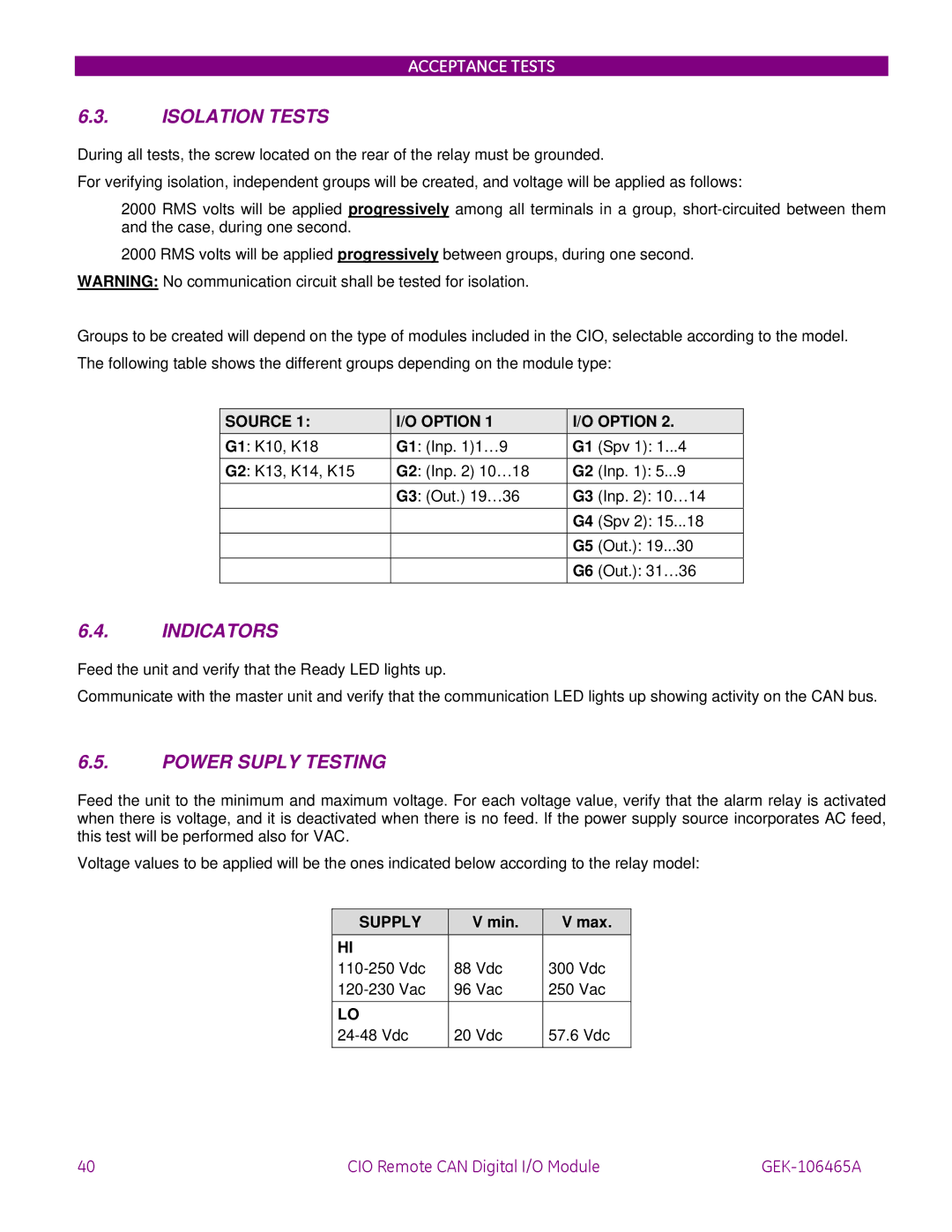 GE GEK-106465A instruction manual Isolation Tests, Indicators, Power Suply Testing, Source Option, Supply 