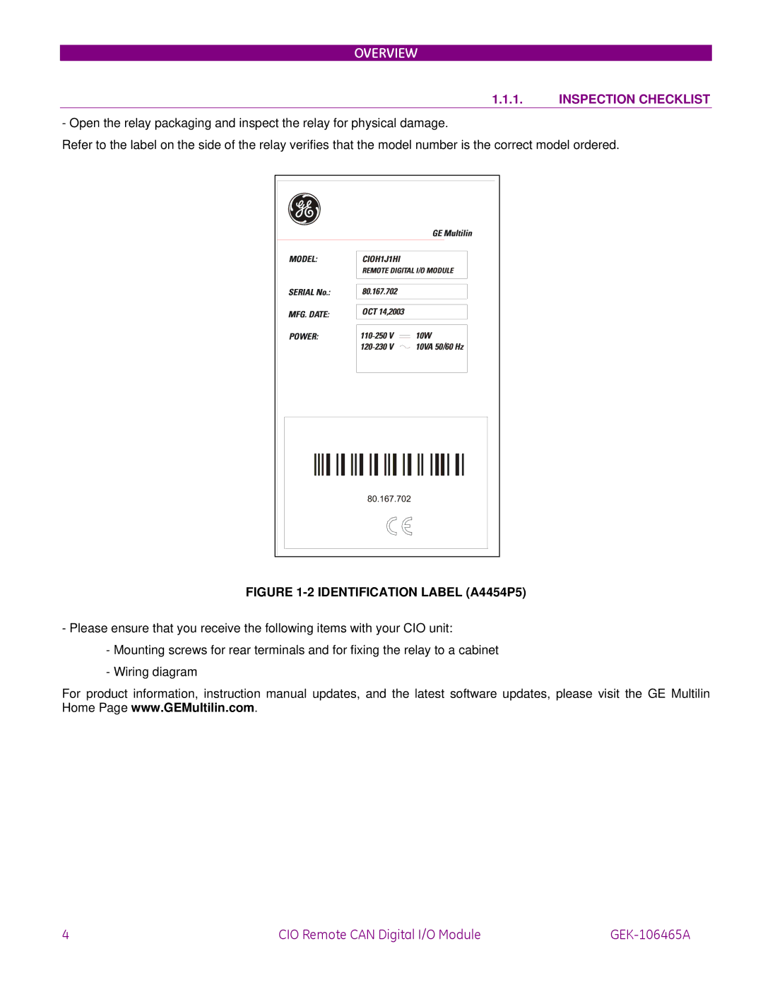 GE GEK-106465A instruction manual Inspection Checklist, Identification Label A4454P5 