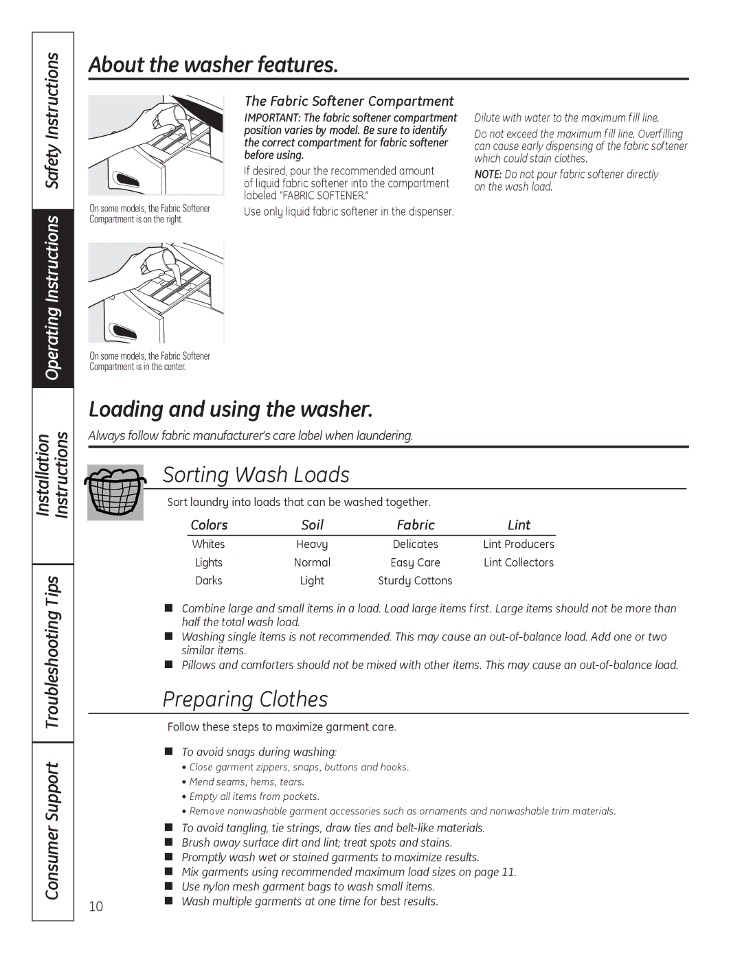 GE GBVH5200, GFAN1100 Loading and using the washer, Sorting Wash Loads, Preparing clothes, Fabric Softener Compartment 