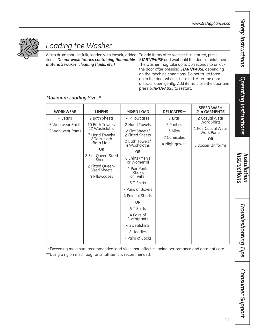 GE GBVH5300, GFAN1100, GCVH6800, GCVH6400, GFAN1000 Loading the Washer, Maximum Loading Sizes, Safety Instructions 