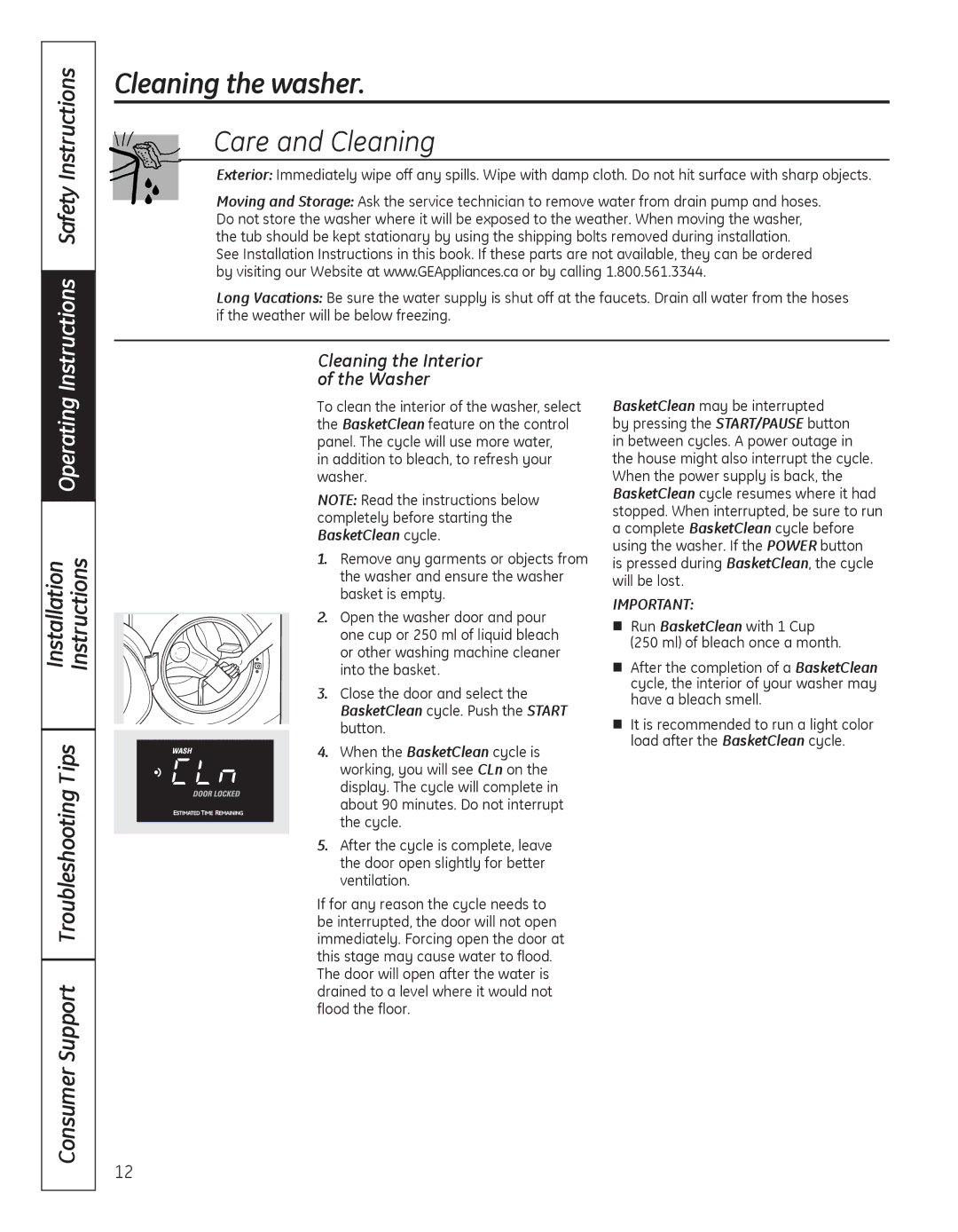 GE GFAN1100, GCVH6800, GCVH6400 Cleaning the washer, Care and cleaning, Instructions Safety Instructions, Operating 