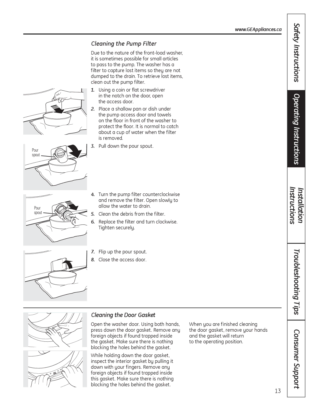 GE GCVH6800, GFAN1100, GCVH6400 Safety, Instructions Operating Instructions, Consumer Support, Cleaning the Pump Filter 