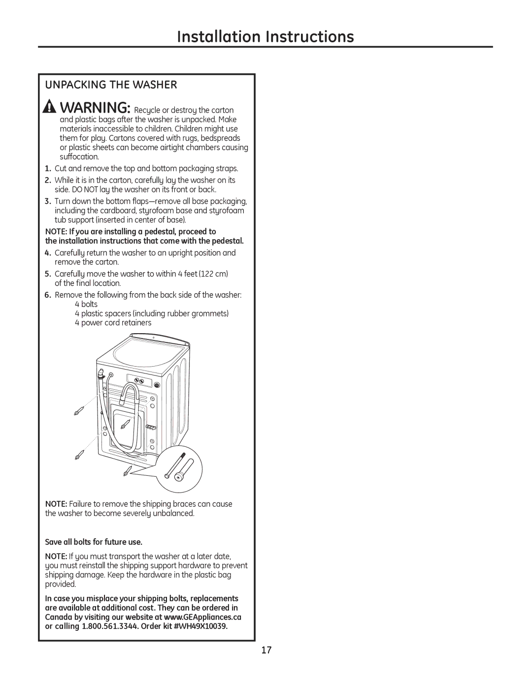 GE GBVH5300 UnPaCkIng tHE WaSHEr, Cutandremovethetopandbottompackagingstraps, Save all bolts for future use 