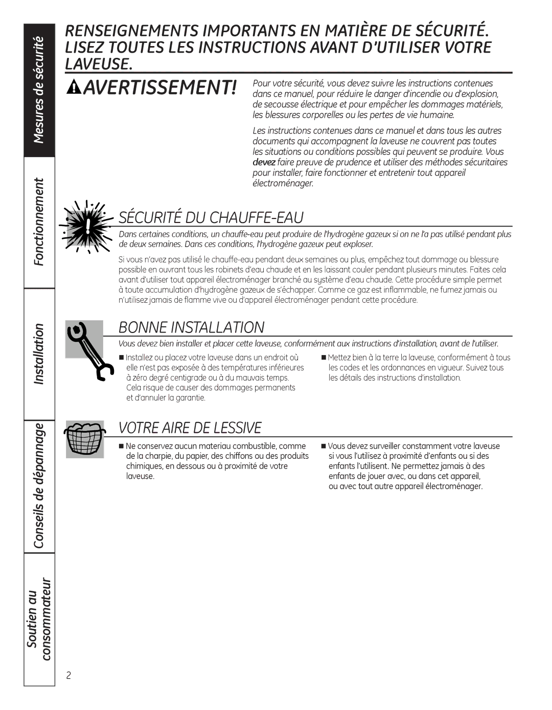 GE GBVH5200, GFAN1100 Fonctionnement Mesures de sécurité, Installation ConsommateurSoutien au Conseils de dépannage 