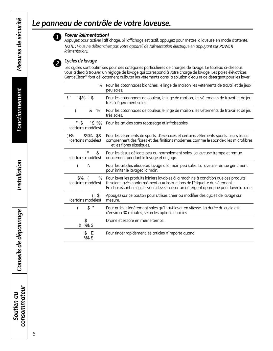 GE GCVH6400, GFAN1100, GCVH6800, GFAN1000, GBVH5200, GBVH5300 dimensions Power alimentation, Cycles de lavage, ESSOrAGe 