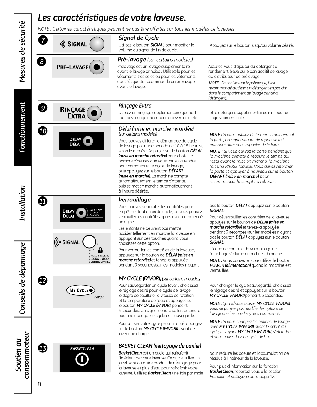 GE GBVH5200, GFAN1100, GCVH6800 Les caractéristiques de votre laveuse, De sécurité, Mesures, Fonctionnement, Conseils de 