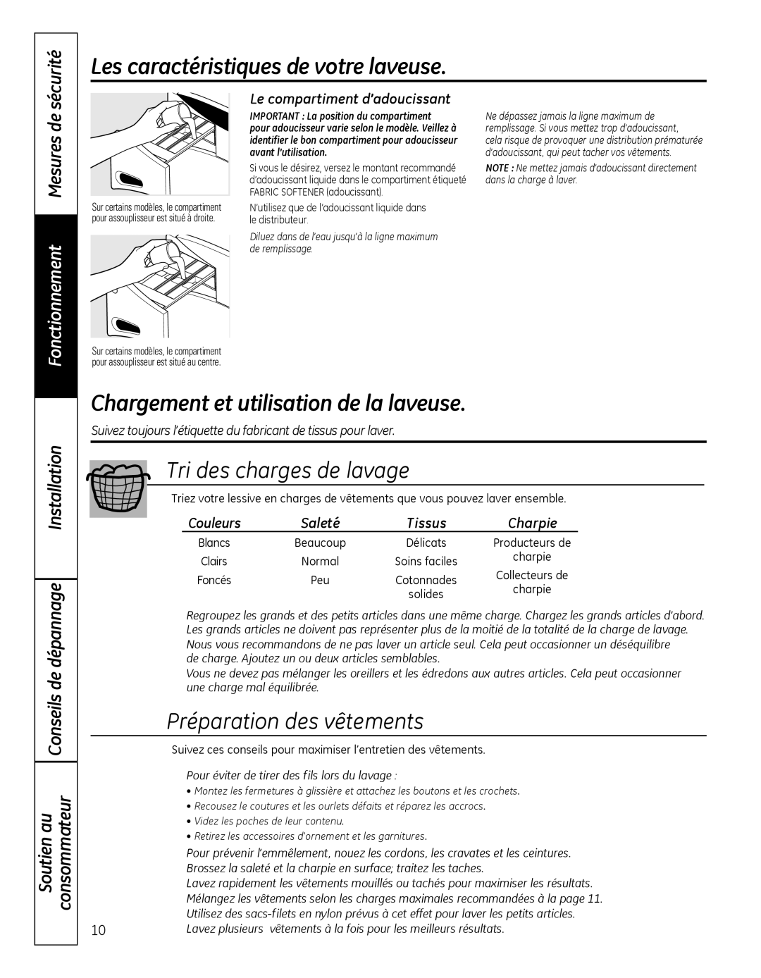 GE GFAN1100 Chargement et utilisation de la laveuse, Tri des charges de lavage, Préparation des vêtements, Sécurité 